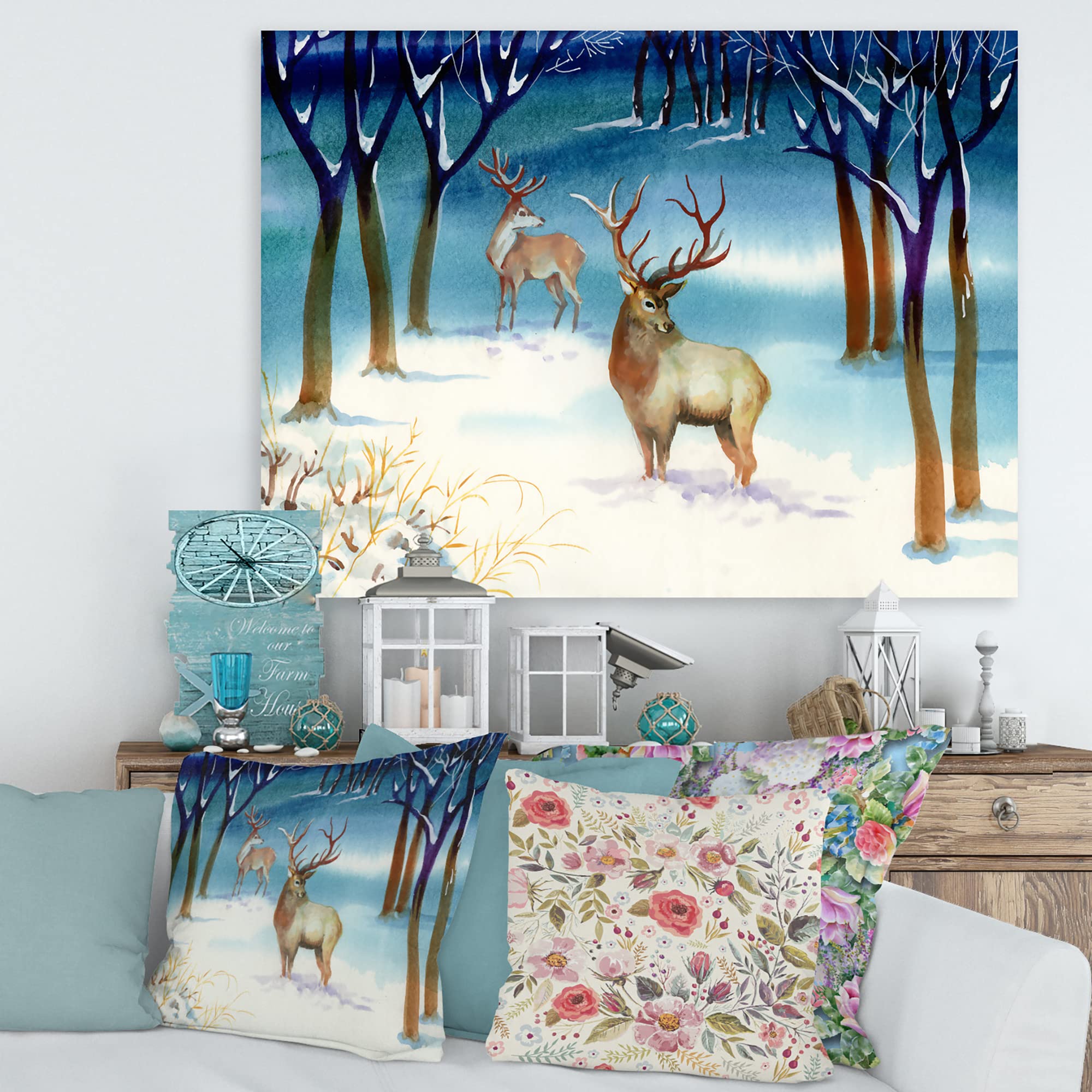 Winter Landscape With Deer Traditional Canvas Wall Art - Nature Inspired Home Decor for Living Room, Bedroom & Office