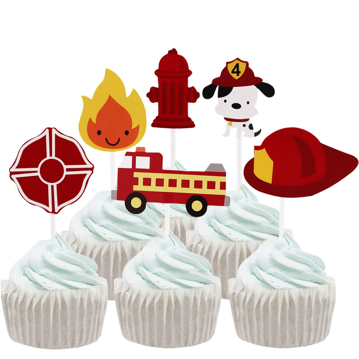 24-Pack Fireman Themed Cupcake Toppers - Fire Truck Design for Kids Birthday Party Decorations | Perfect for Birthday Cakes, Cupcakes, and DIY Party Supplies