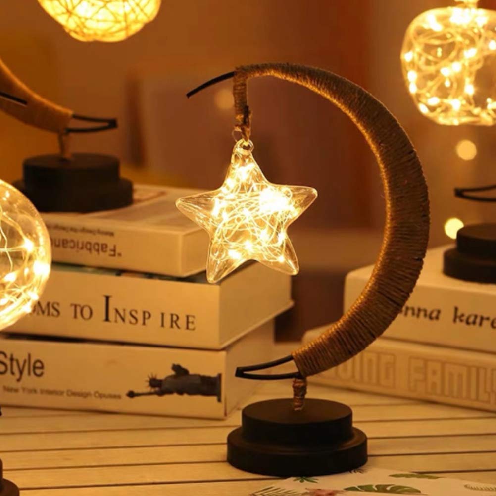 Totority Iron Night Lamp with Hemp Rope - USB Powered LED Star & Moon Shape Bedside Lamp for Christmas, Nursery, Bedroom Decor - Warm White Night Light for Kids & Adults