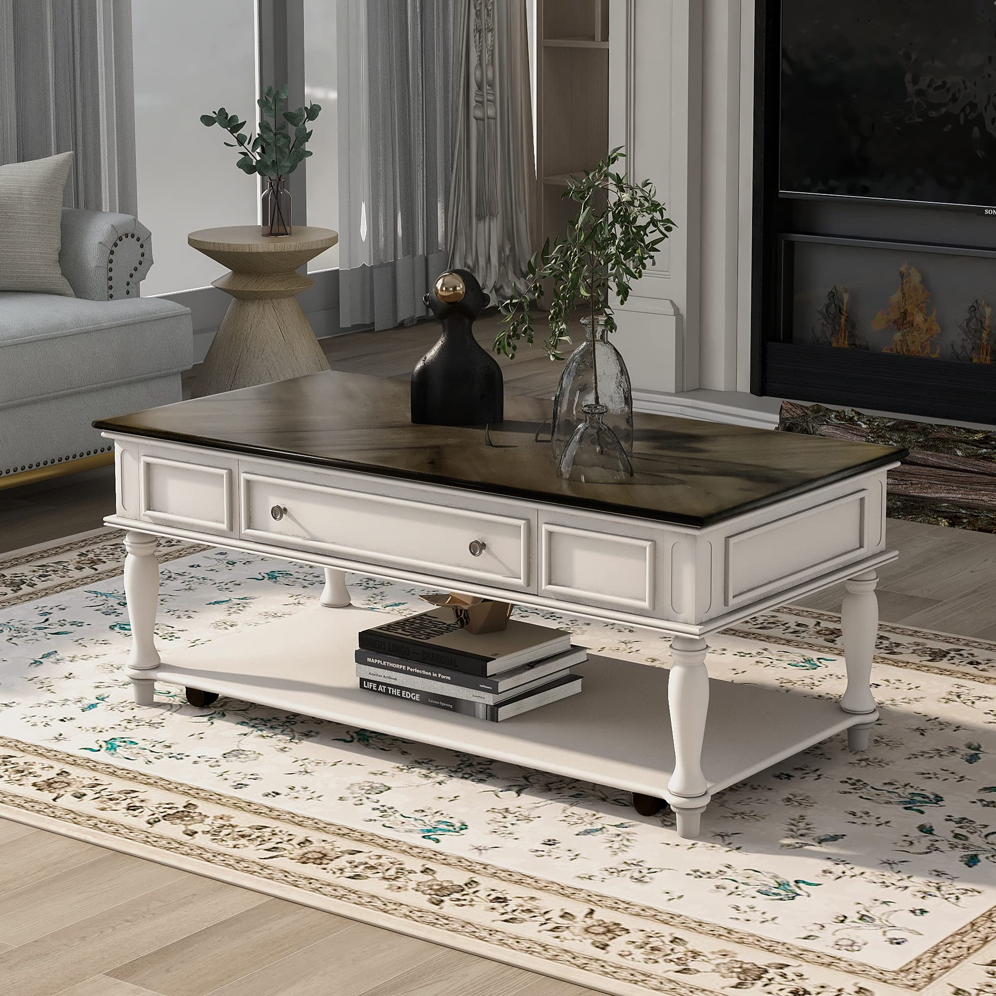 Vintage Wood Coffee Table with Drawer & Storage Shelf - Mobile Caster Wheels, Retro Cocktail Table for Living Room & Office - Easy Assembly (Antique Gray) - Perfect for Small Spaces, Home Decor & Entertaining Guests