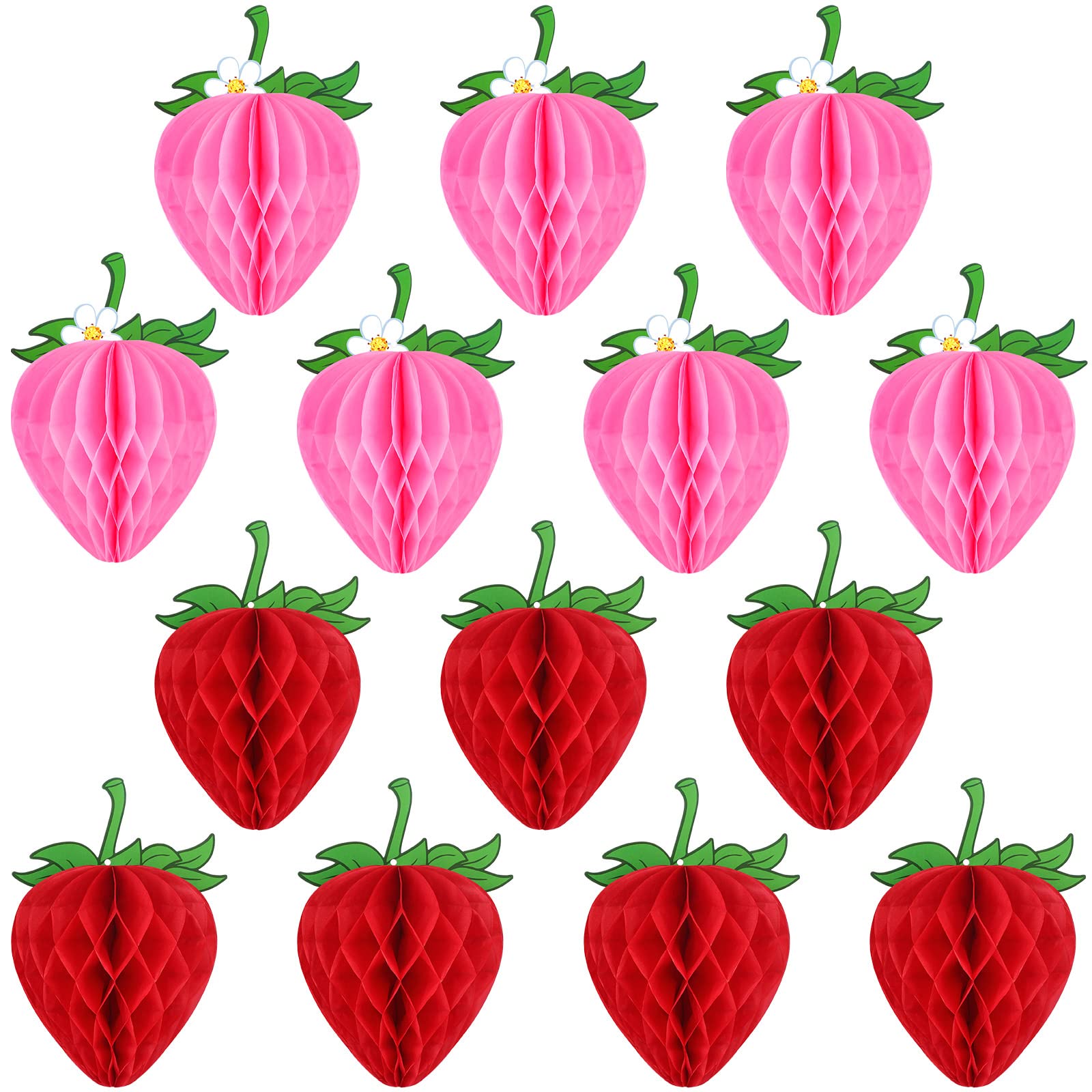 Epakh 14-Piece 6-Inch Strawberry Honeycomb Paper Decorations Set - Red & Pink Tissue Paper Strawberry Balls for Birthday Party, Baby Shower, Shortcake Themed Events - Perfect for Girls' Parties, Dessert Tables & Sweet 16 Decorations