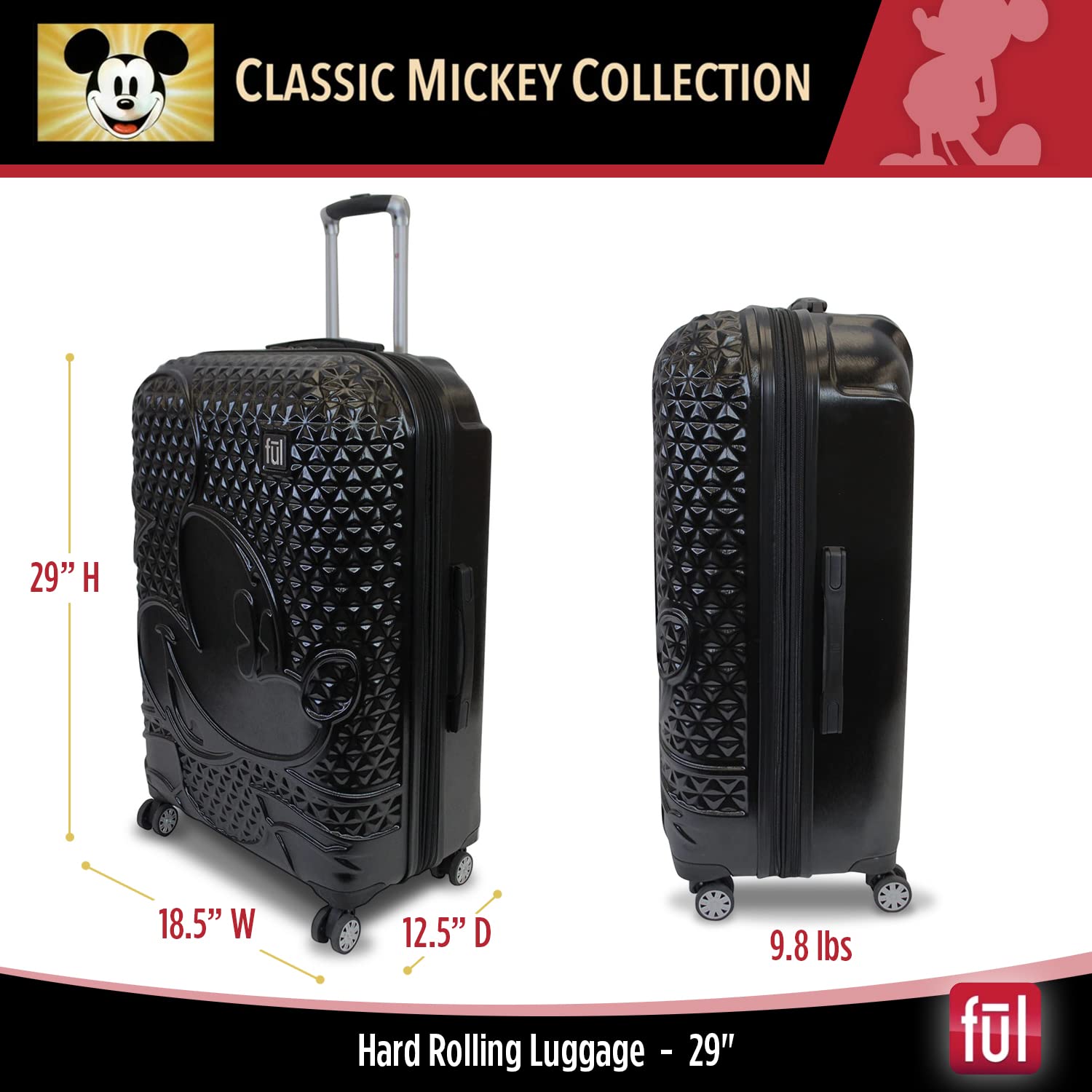 Disney Mickey Mouse 29 Inch Hardshell Spinner Luggage - Black Rolling Suitcase with 360° Wheels for Travel, Vacation & Business Trips