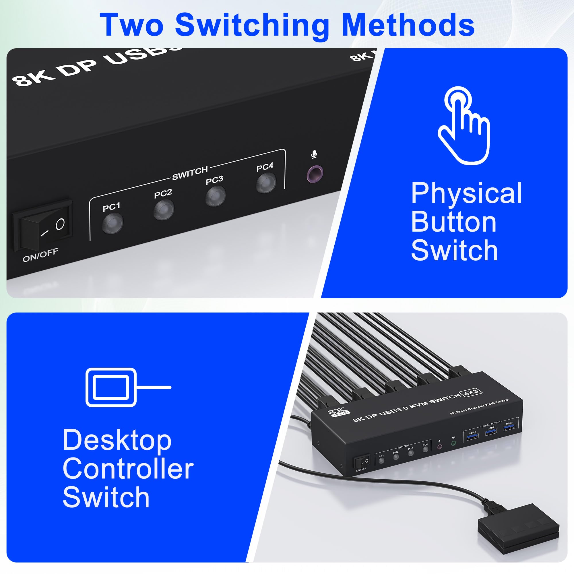 8K @ 60Hz 4K @ 144Hz Triple DisplayPort KVM Switch for 4 Computers & 3 Monitors - USB 3.0 Hub with Audio/Mic Support - Perfect for Multi-PC Gaming, Trading & Office Workstations
