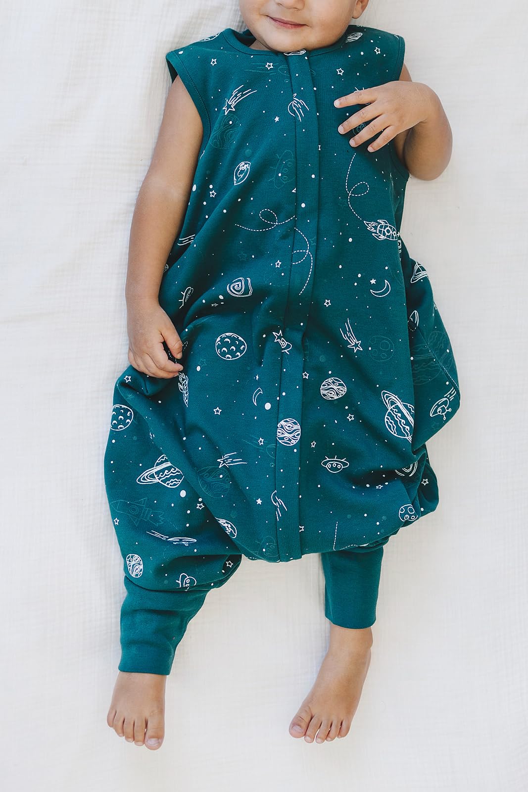 Woolino 4 Season Baby Sleep Sack with Feet - Australian Merino Wool & Organic Cotton - Toddler Sleeping Bag for 18-36 Months - Space Theme Glow in The Dark - Perfect for Nursery, Daycare & Travel