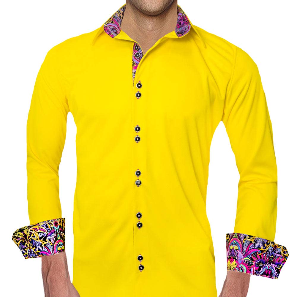 Stylish Bright Yellow Dress Shirts for Men | Trendy Yellow & Purple Office Shirts | Modern Yellow Button-Down with Purple Accent Details - Perfect for Business Casual, Workwear & Formal Occasions