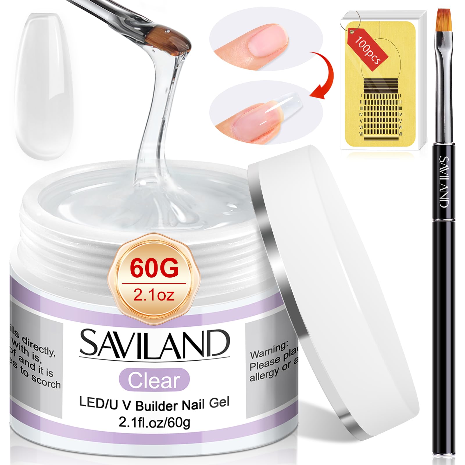 SAVILAND Builder Nail Gel Kit - 60g Clear Nail Extension Gel Set for Stronger Nails | Professional Nail Art Manicure Set with 100PCS Nail Forms & Acrylic Nail Brush | Perfect for Beginners & DIY Nail Extensions at Home