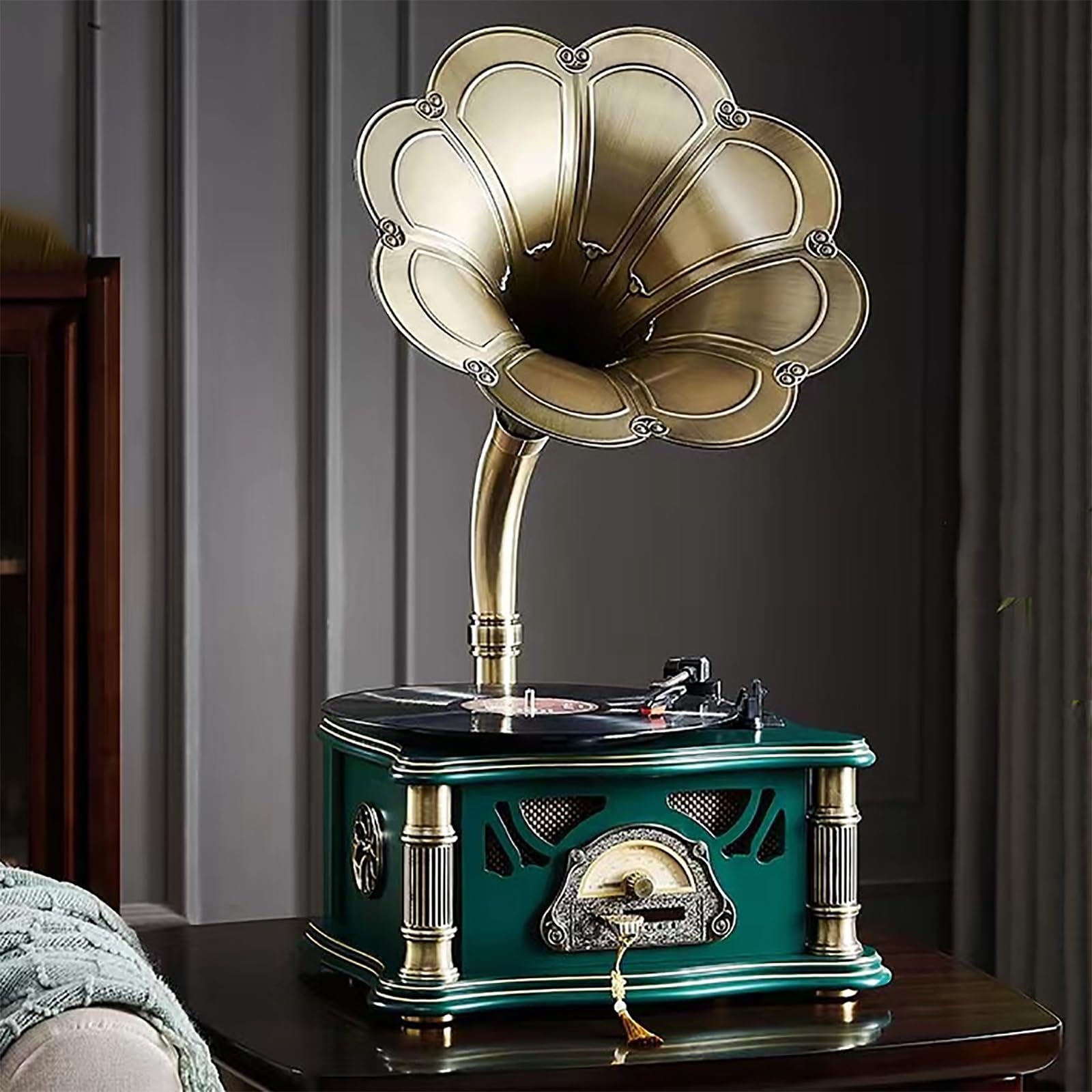 XCSCUK Vintage Bluetooth Speaker with Phonograph Design - Wireless Music Player with Aux-in, USB, FM Radio for Home, Office & Party Decor (Green) - Perfect for Retro-Themed Events, Gifts & Home Entertainment