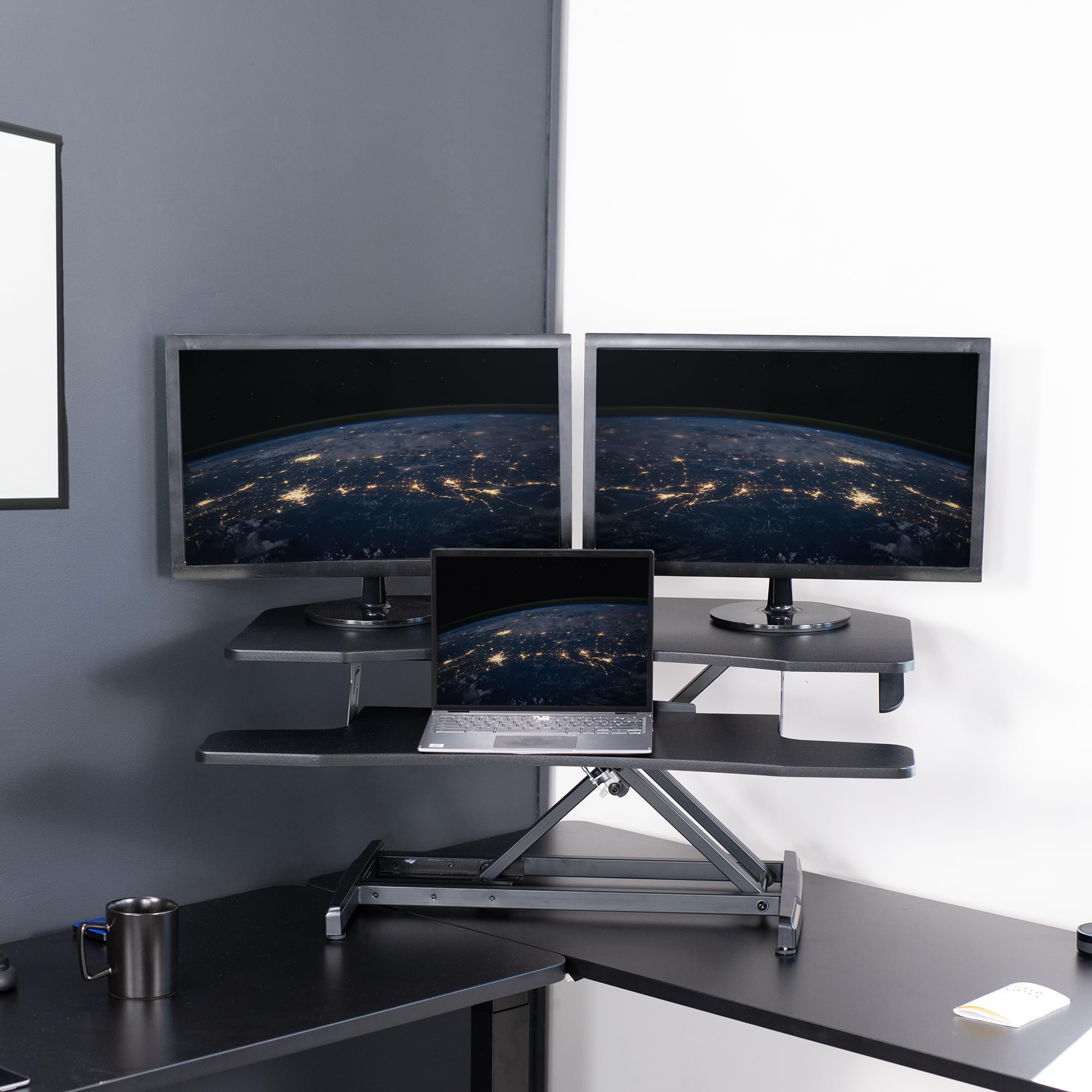 VIVO 94cm Adjustable Standing Desk Converter - Quick Sit to Stand Workstation with Dual Monitor Riser, Ergonomic Height Adjustable Desktop (DESK-V037MC) - Perfect for Home Office, Gaming Setup & Workspace Productivity