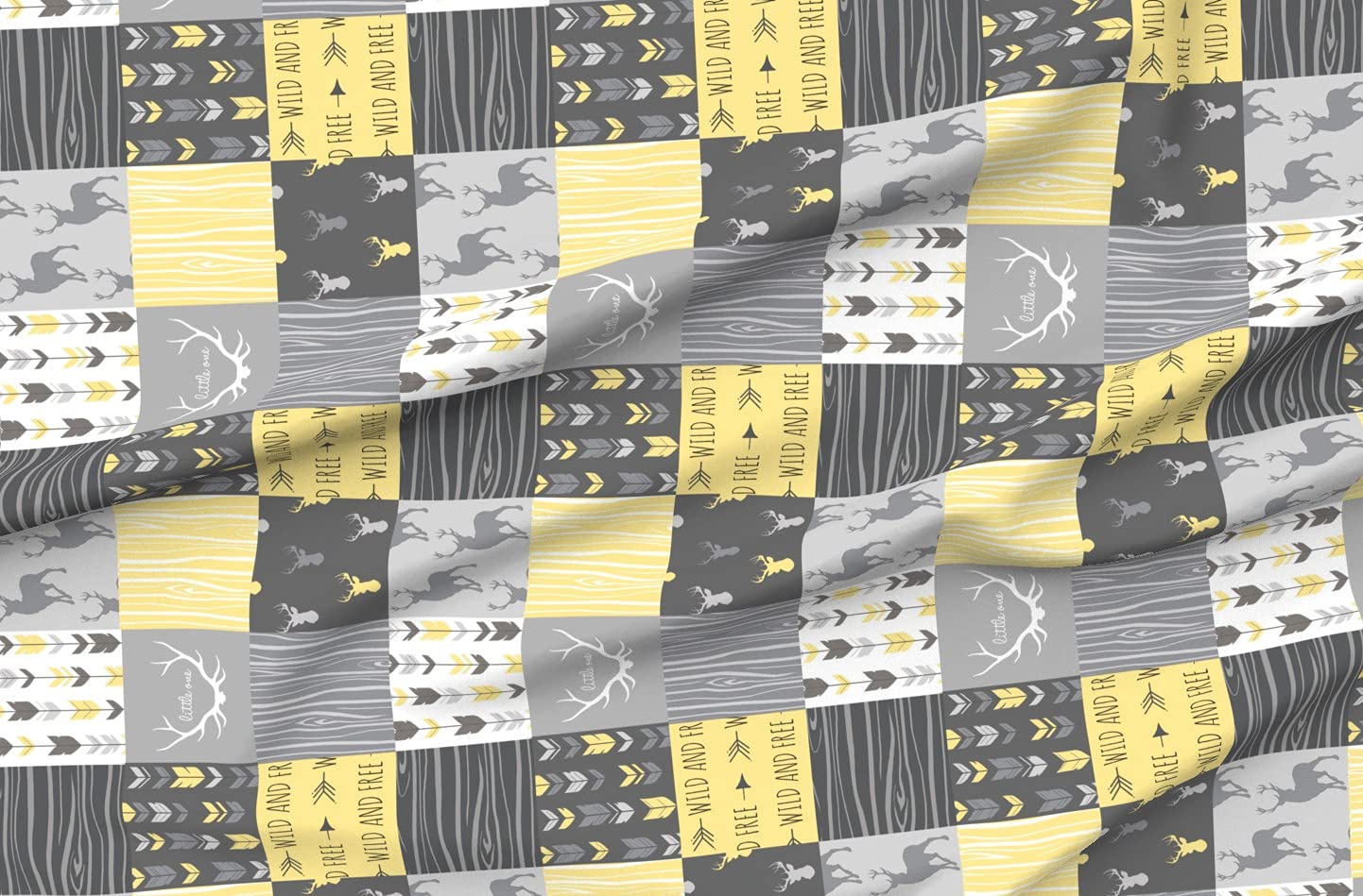 Premium Spoonflower Upholstery Velvet Fabric by The Yard - Patchwork Deer Yellow Rotated Cheater Quilt Design in Gender Neutral Grey | Home Decor, Apparel & Quilting Projects | Perfect for DIY Furniture, Clothing & Crafting