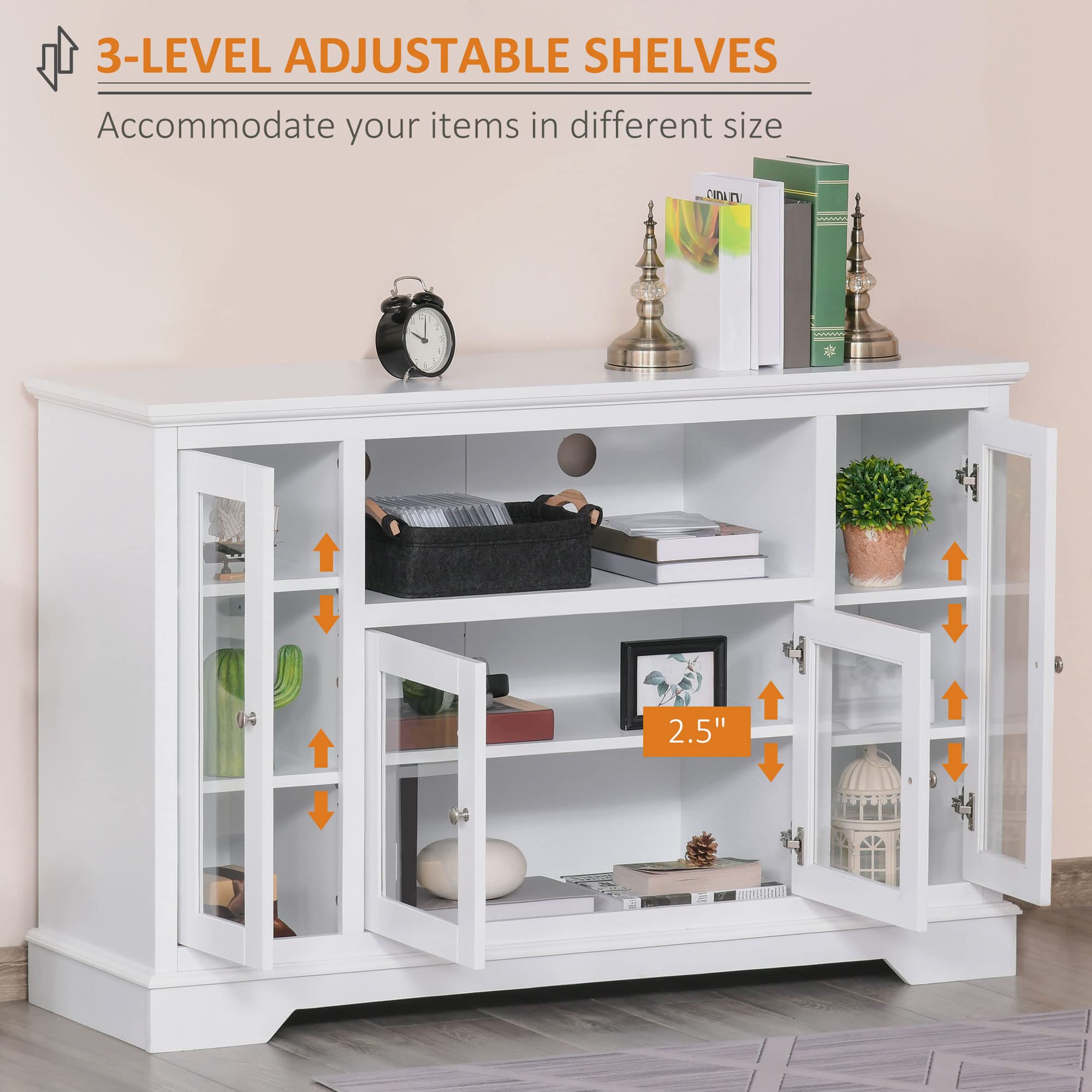 HOMCOM White Sideboard Buffet Cabinet with Storage & Glass Doors - Kitchen Cabinet, Coffee Bar for Living Room & Dining Room - Perfect for Home Storage & Entertaining