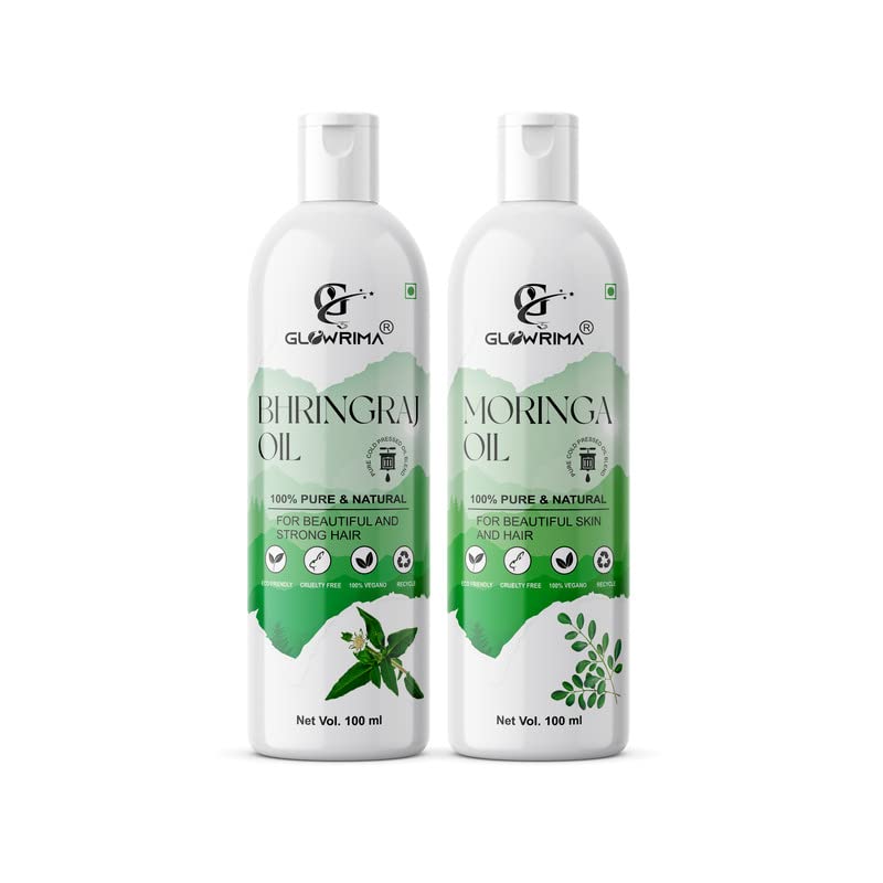 Glowrima 100% Pure Bhringraj Oil & Moringa Oil Combo (100ML Each) - Promotes Rapid Hair Growth, Reduces Hair Fall, Repairs Split Ends for Softer & Shinier Hair - Natural Hair Care Treatment for Dry, Damaged & Frizzy Hair - Perfect for Daily Hair Nourishment & Scalp Massage