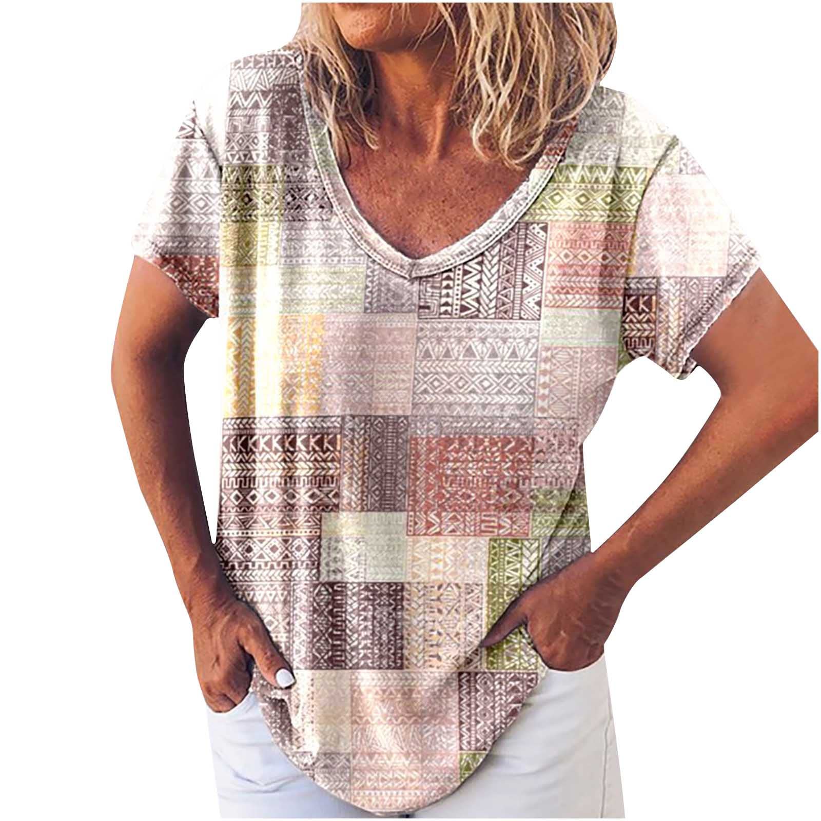Women's Summer V-Neck Short Sleeve Tunic Top - Floral Print Loose Casual Blouse for Beach, Vacation & Everyday Wear