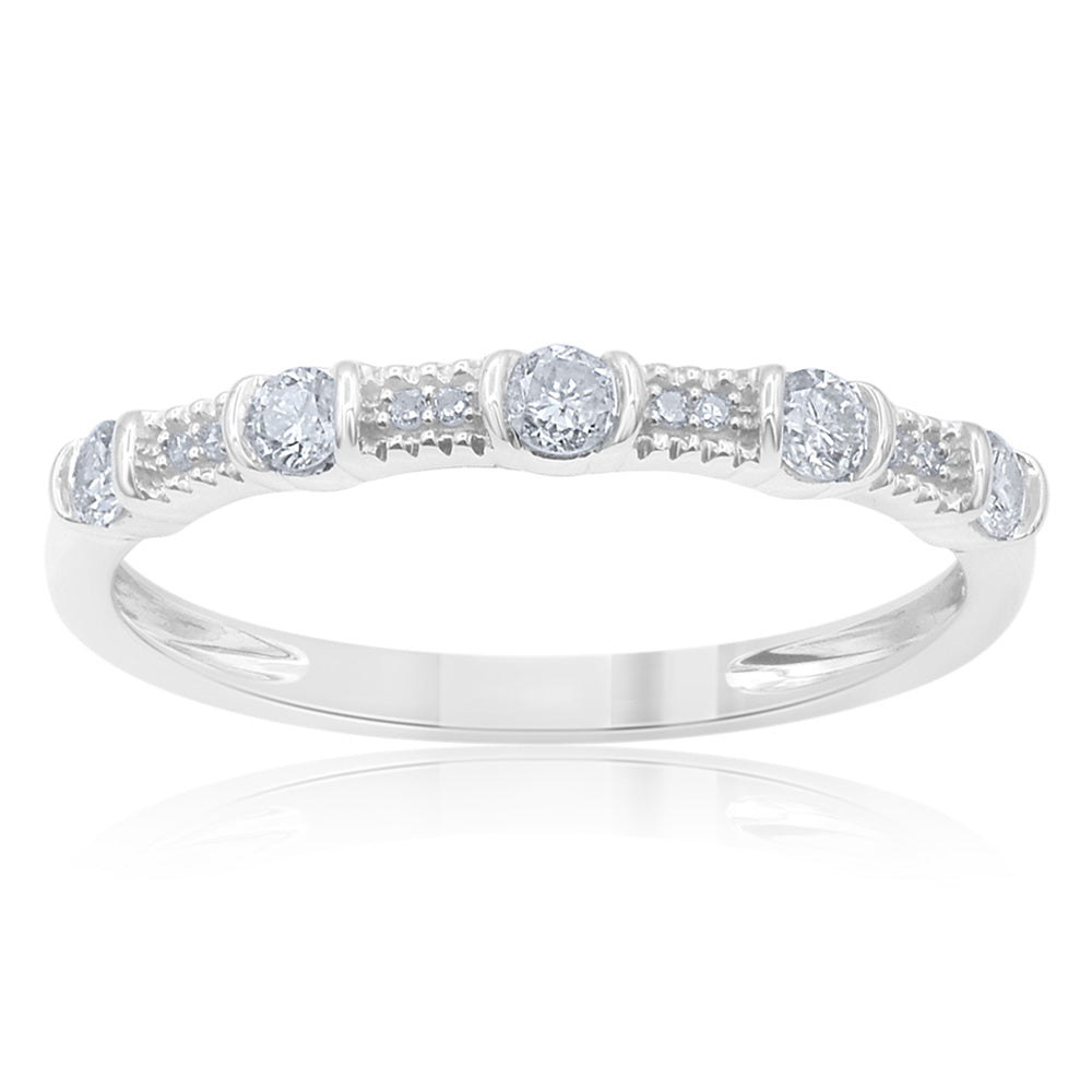 9ct White Gold 1/5 Carat Diamond Ring with 13 Brilliant Cut Diamonds - Elegant Wedding Band & Anniversary Gift for Her