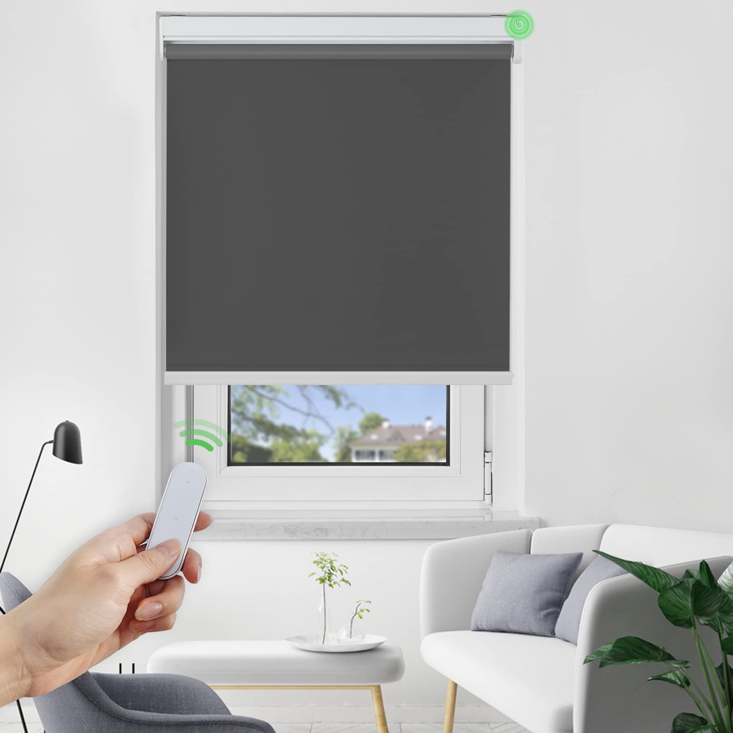 Allesin Smart Automatic Roller Shades - 100% Blackout Electric Window Blinds with Cordless Remote Control for Home (Dark Grey, 27
