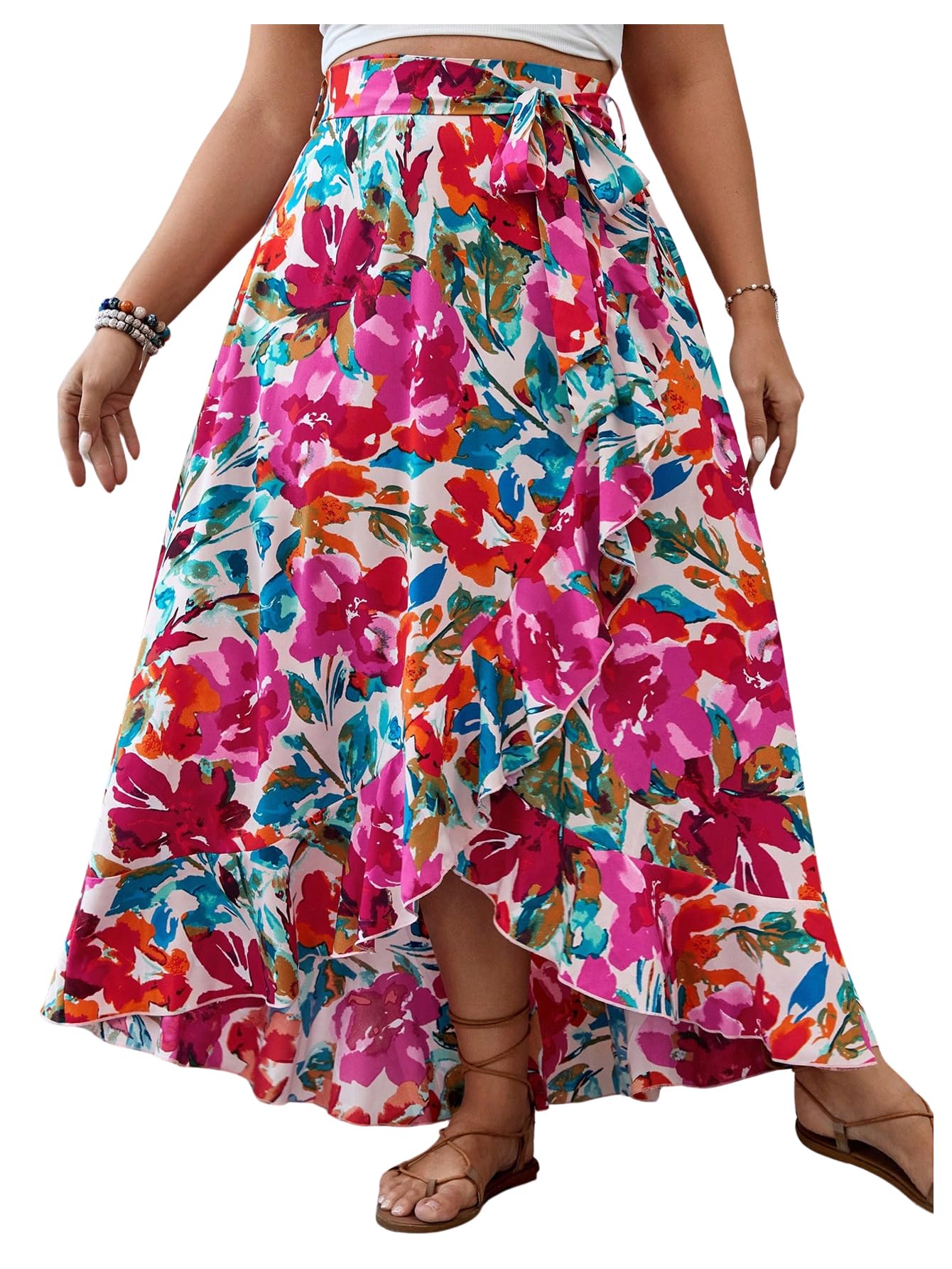 SOLY HUX Women's Plus Size Floral Print Wrap Skirt with Ruffle Trim & Belt - A-Line Long Summer Skirt for Casual Outings, Beach Vacations & Date Nights