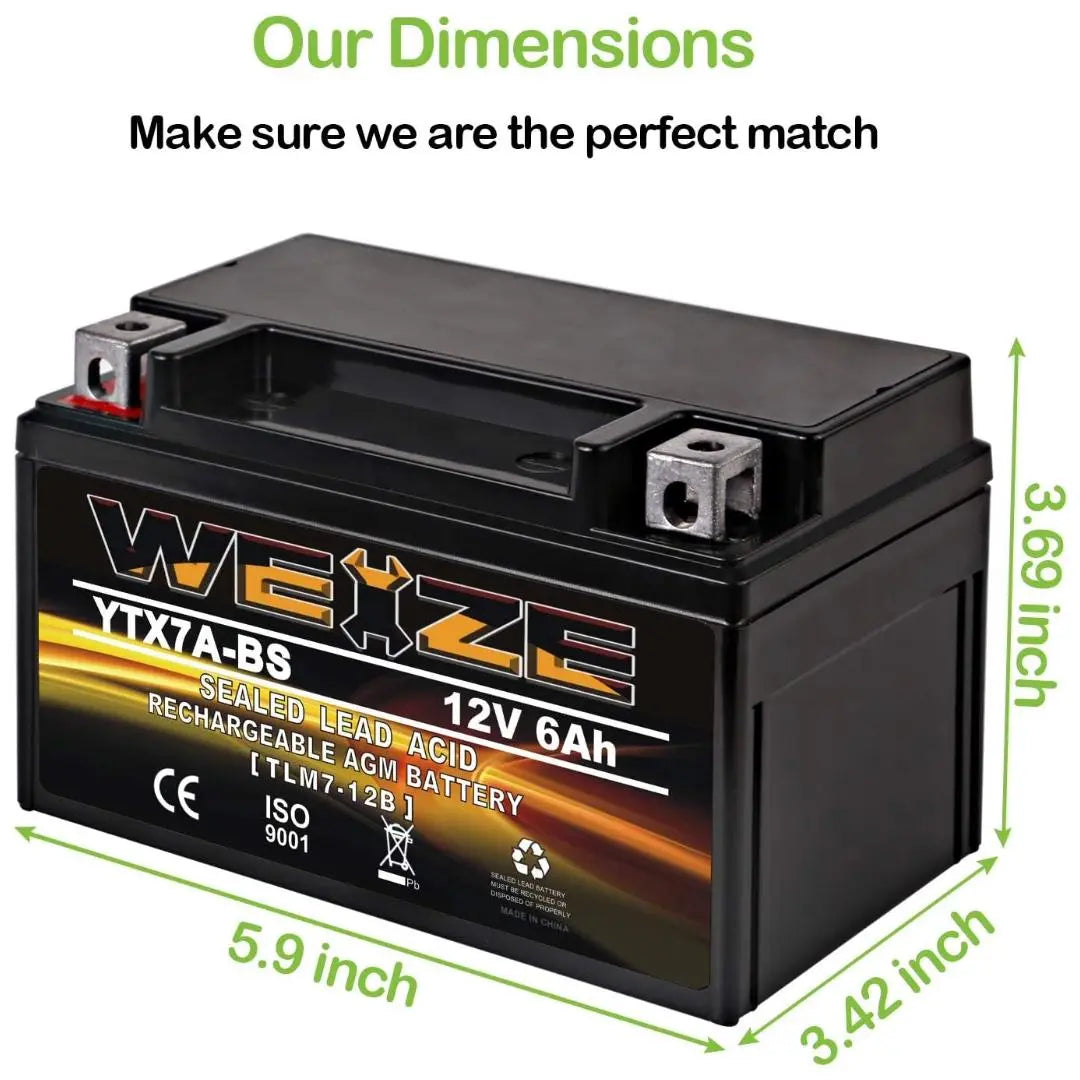 WEIZE YTX7A-BS 12V 6Ah High Performance AGM Motorcycle Battery - Maintenance Free, Sealed Lead Acid - Compatible with 50CC 125CC Gas Scooters & Mopeds (GY6 Engine) - Perfect for Honda, Yamaha, Kymco & More - Ideal for Urban Commuting & Delivery Riders