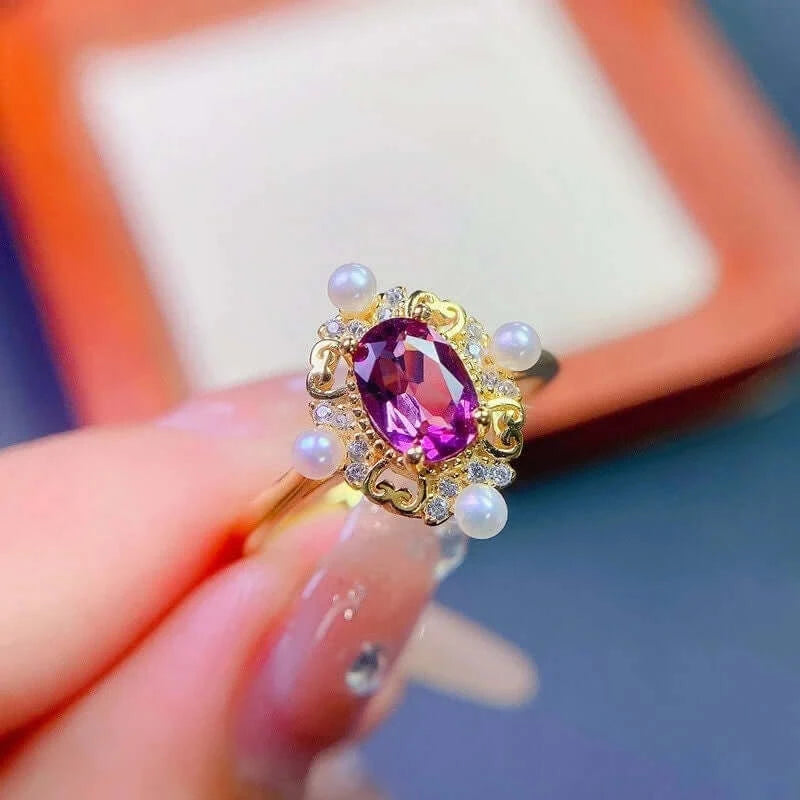 Baroque Rhodolite Pearl Rings for Women – Vintage Style Gemstone Jewelry – Perfect for Weddings, Parties & Special Occasions