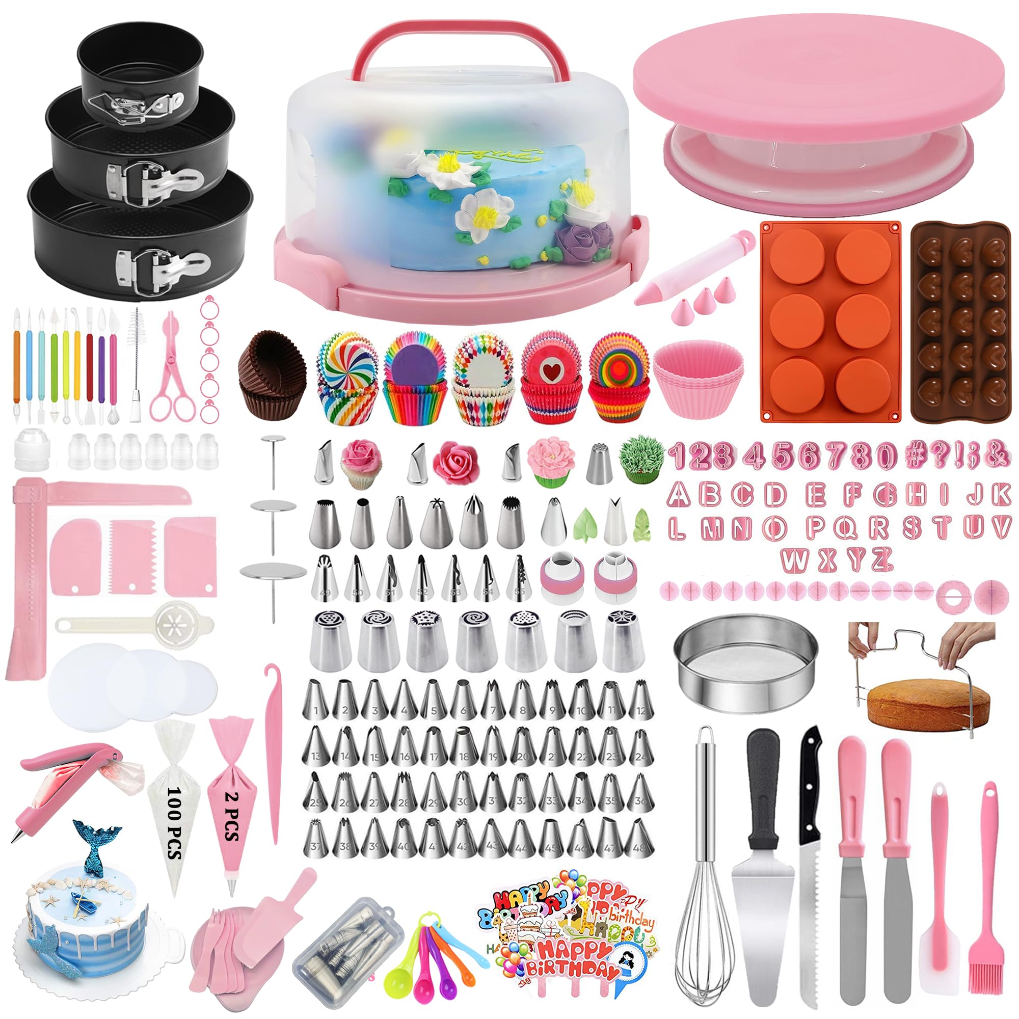 Gawren-H&E 678 PCS Cake Decorating Supplies Kit - Complete Baking Set with Cake Carrier, 3 Springform Pans, Piping Bags & Tips, Chocolate Molds, Cake Stand - Perfect for Home Bakers, Birthday Parties & Wedding Cake Decorating