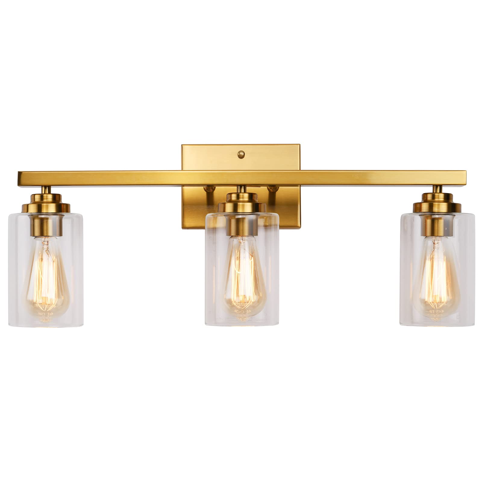 Vintage Brass Bathroom Vanity Light - 3-Light Wall Sconce with Clear Glass Shades | Over Mirror Lighting Fixture for Bathroom, Hallway, Kitchen, Living Room & Bedroom | Perfect for Modern & Traditional Home Décor