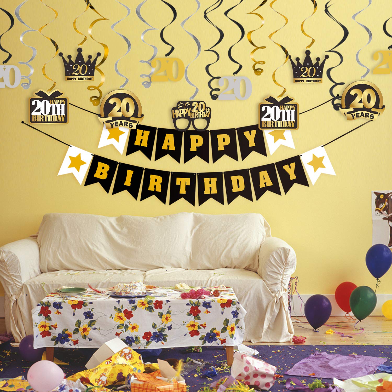 LINGTEER 20th Birthday Party Decorations Set - Swirl Streamers, Happy Birthday Banner & Hanging Backdrop for Twenty Years Old Celebration | Perfect for Bday Parties, Milestone Events & Photo Backdrops