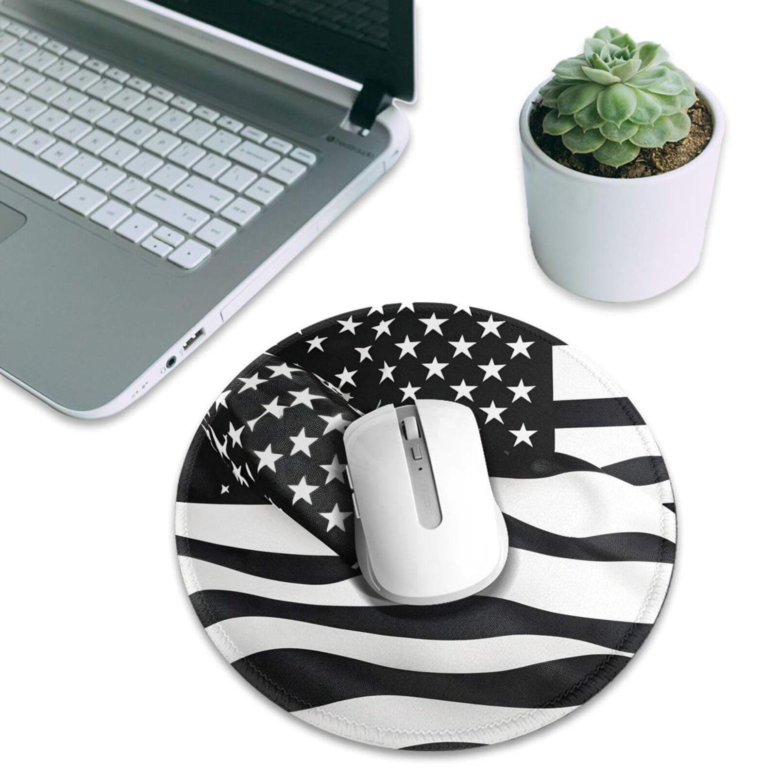 Black and White American Flag Round Mouse Pad - 8 Inch Non-Slip Gaming Mousepad for PC & Laptop - Durable Desk Accessory for Office, Home & Gaming Setup