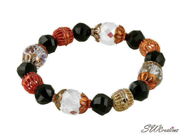 Jet & Crystal Copper Glass Beaded Bracelet for Women - Elegant Boho Handmade Jewelry Gift for Birthday, Wedding, Party & Everyday Wear