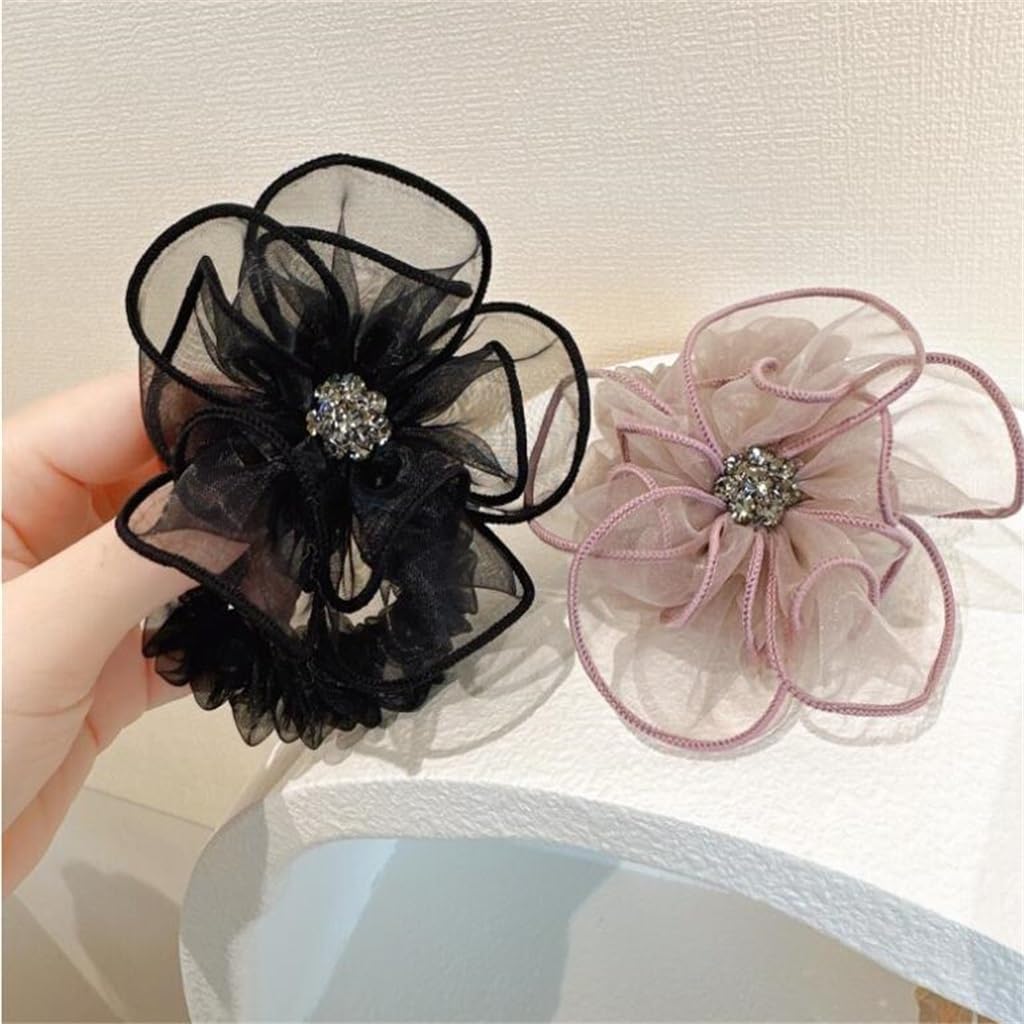 2 Sets Elegant Mesh Rhinestone Hair Accessories - Flower Hair Loops, Tie Hair Ropes & Headbands for Women & Girls | Perfect for Weddings, Parties & Daily Styling