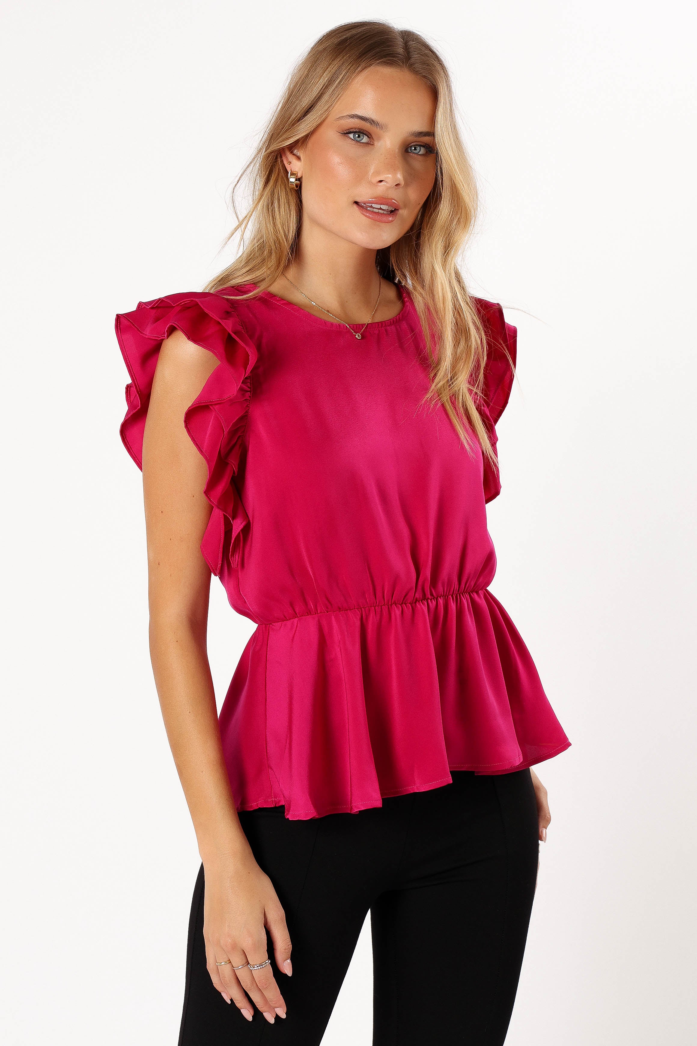 Amelia Ruffle Top Women's Blouse - Fuchsia Pink Floral Print Summer Casual Shirt for Date Night & Office Wear