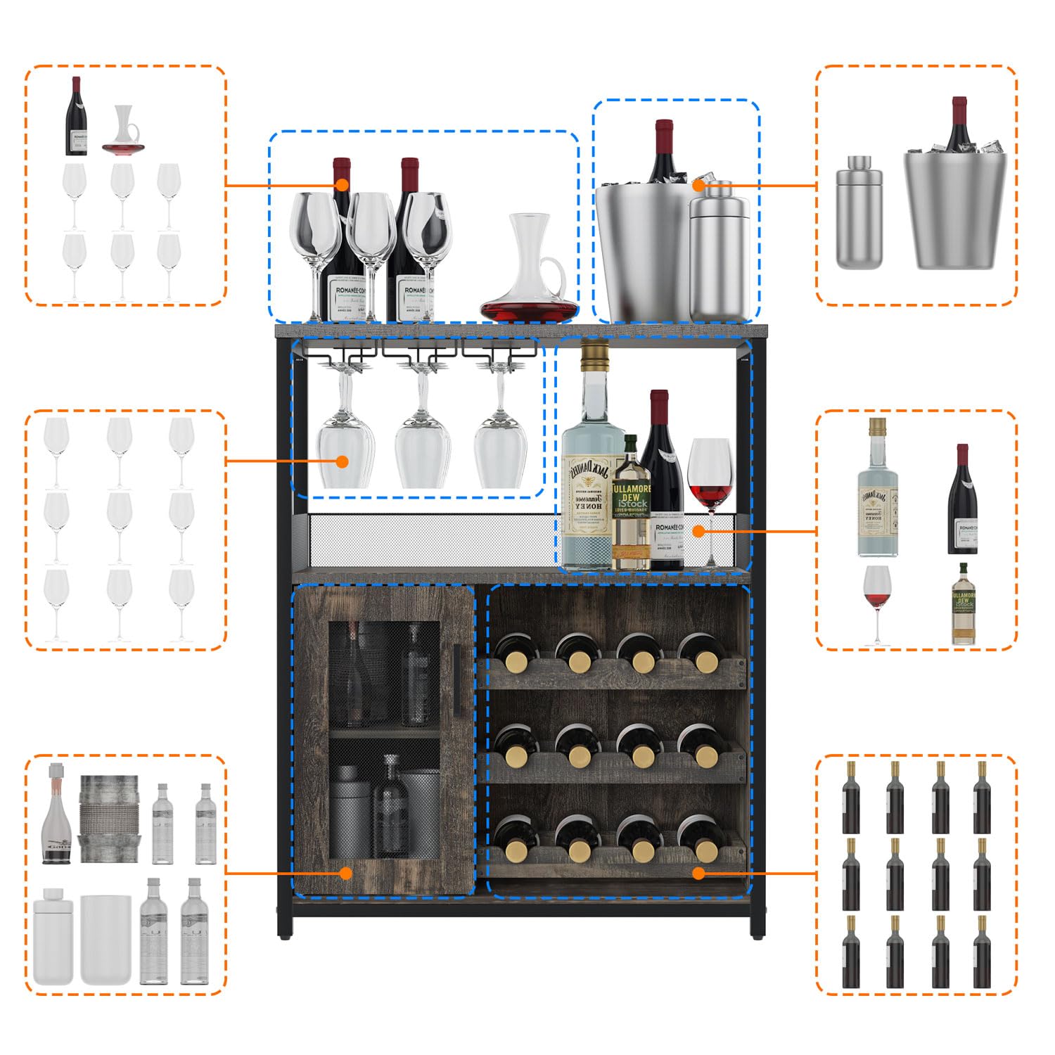 GAOMON Farmhouse Coffee Wine Bar Cabinet with Storage - Detachable Rack, Glass Holder & Mesh Door - Dark Wood Buffet Sideboard for Kitchen, Dining Room or Home Bar