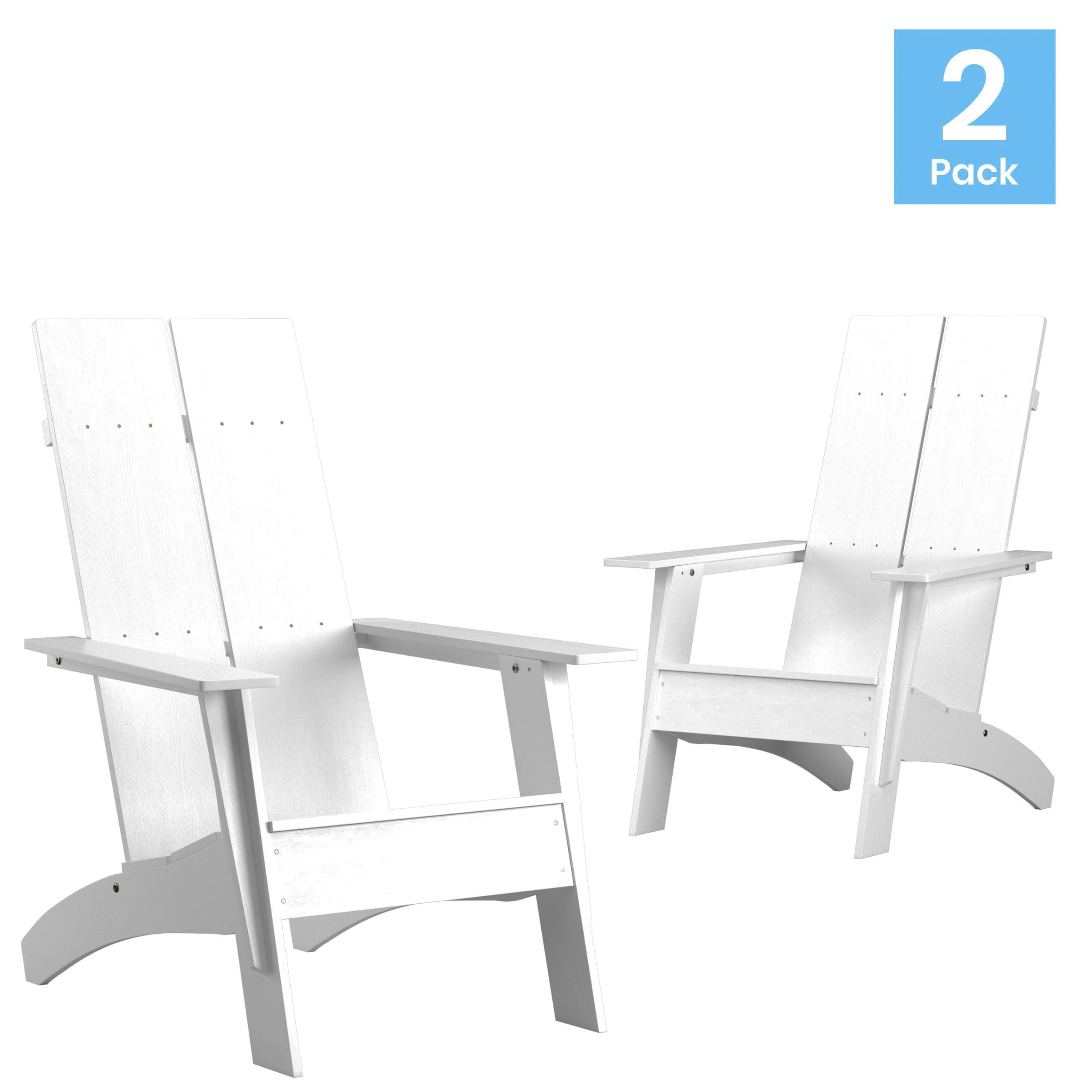 EMMA + OLIVER Set of 2 White Modern Dual Slat Back Adirondack Chairs - Indoor/Outdoor Patio Furniture for Garden, Deck, Poolside & Porch Relaxation