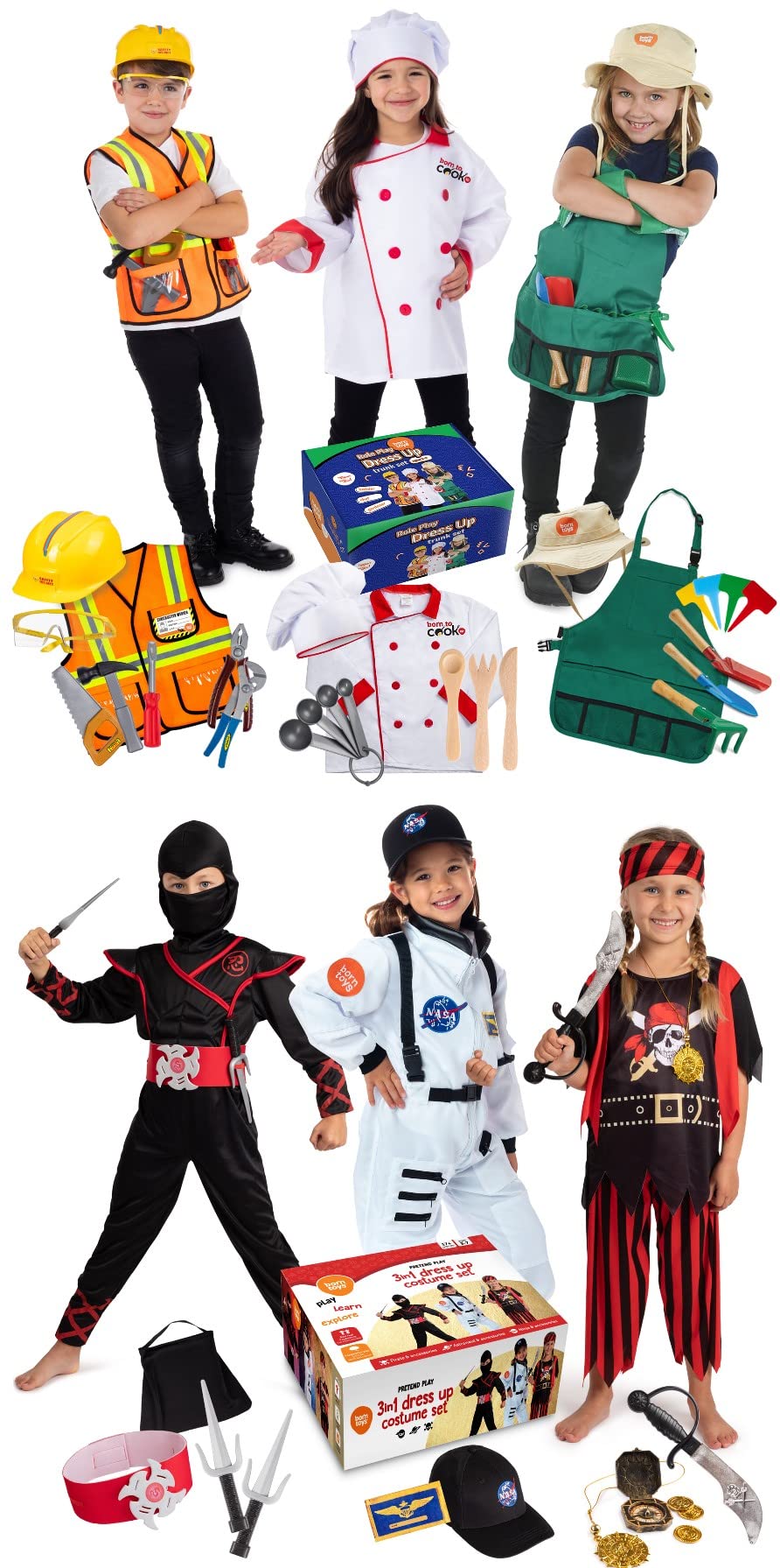 Born Toys Dress Up & Pretend Play Costume Set - Construction Worker, Chef, Gardener, Ninja, Astronaut & Pirate Outfits for Kids Ages 3-7 | Role Play, Halloween, Birthday Party & Dress Up Fun