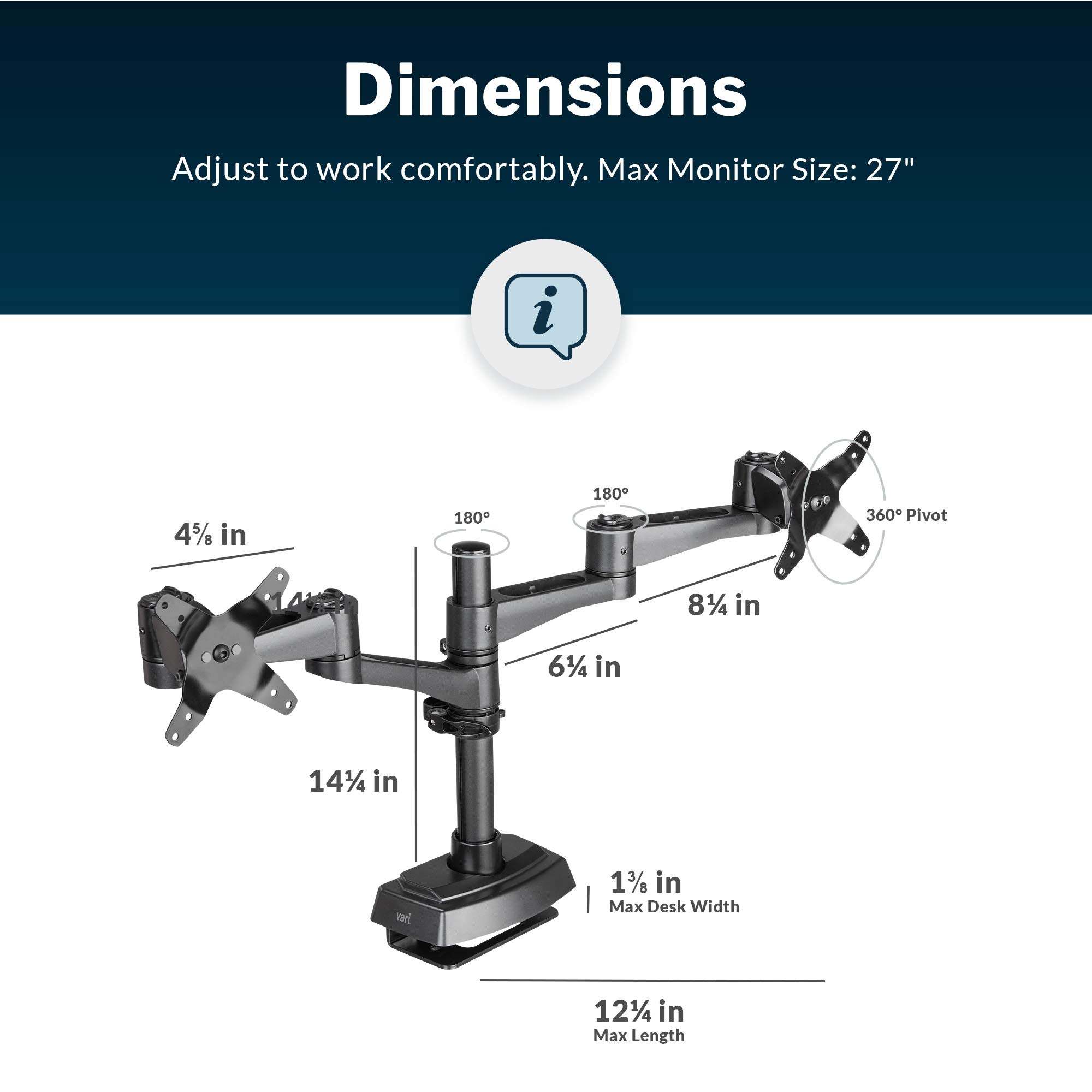 Dual Monitor Arm 180° VESA Mount for 27