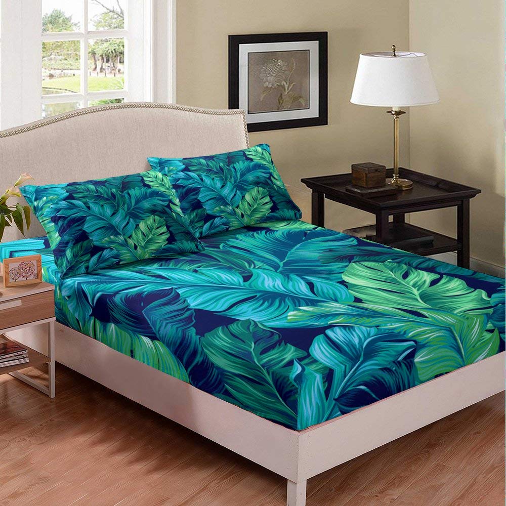 Tropical Leaves Fitted Sheet Set - Soft Polyester Queen Size Bedding (1 Fitted Sheet + 2 Pillowcases) for Kids & Boys - Turquoise Green Palm Leaf Design | Perfect for Beach-Themed Bedrooms, Vacation Homes & Tropical Decor