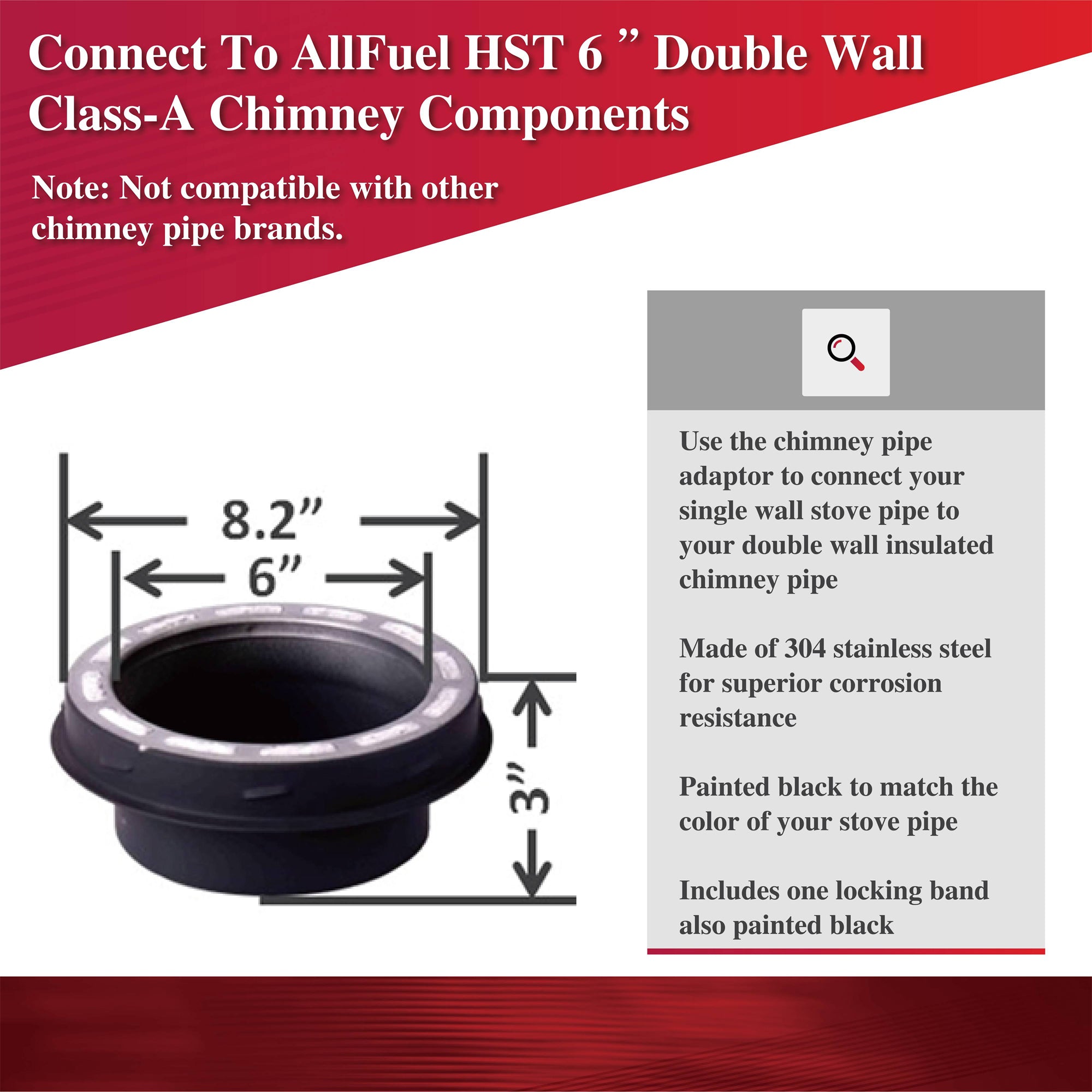 AllFuelHST 6-Inch Inner Diameter Stove Pipe Adapter - Compatible with Wood Stove, Pellet Stove & Fireplace Chimney - Perfect for Home Heating & Outdoor Camping