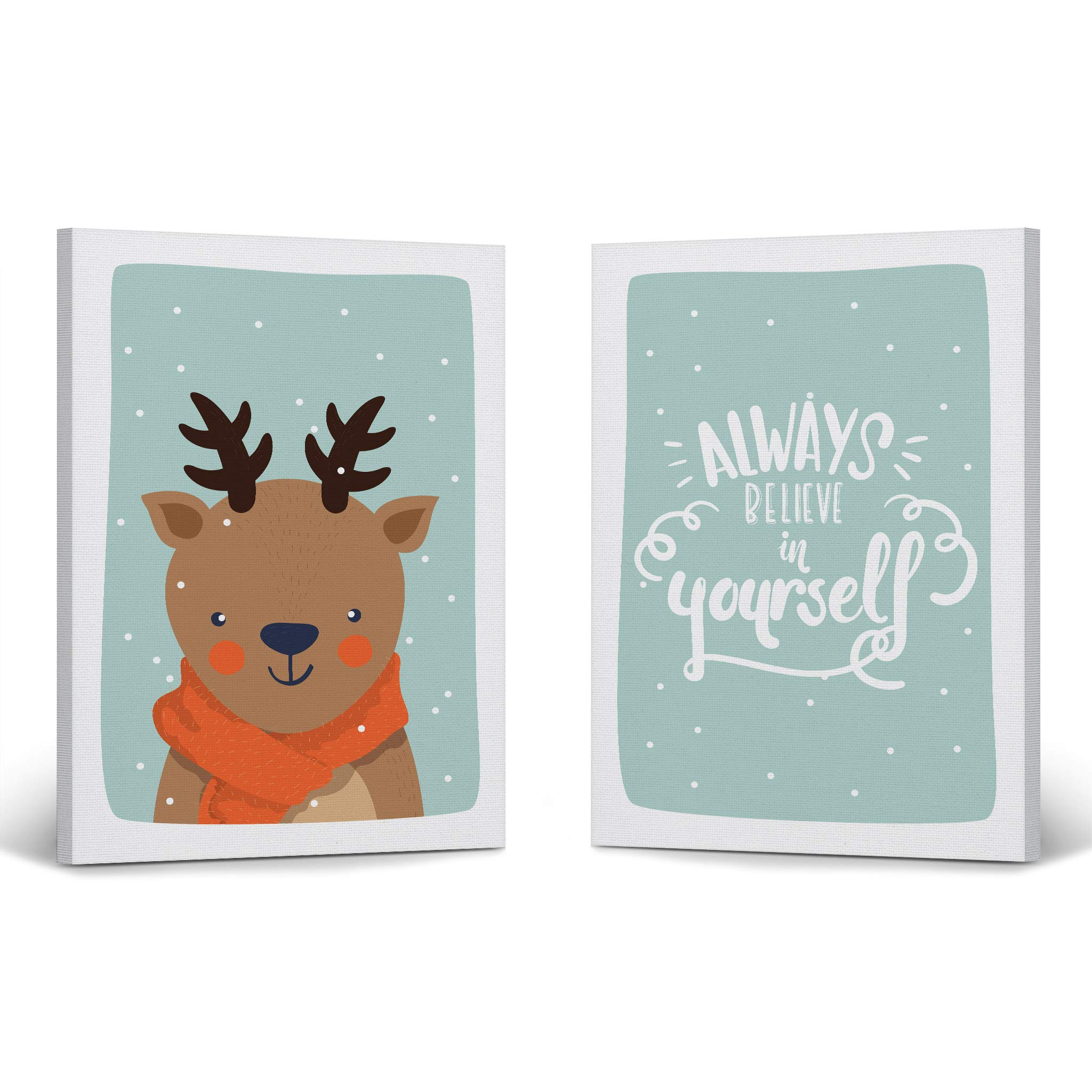 Smile Art Design Cute Deer Winter Theme Canvas Prints - 2 Piece Turquoise Background Wall Art Set (40x30 Inches) for Kids Room Decor, Nursery, Baby Boy & Girl Bedroom - Made in USA | Perfect for Christmas Gifts & Cozy Winter Home Decor