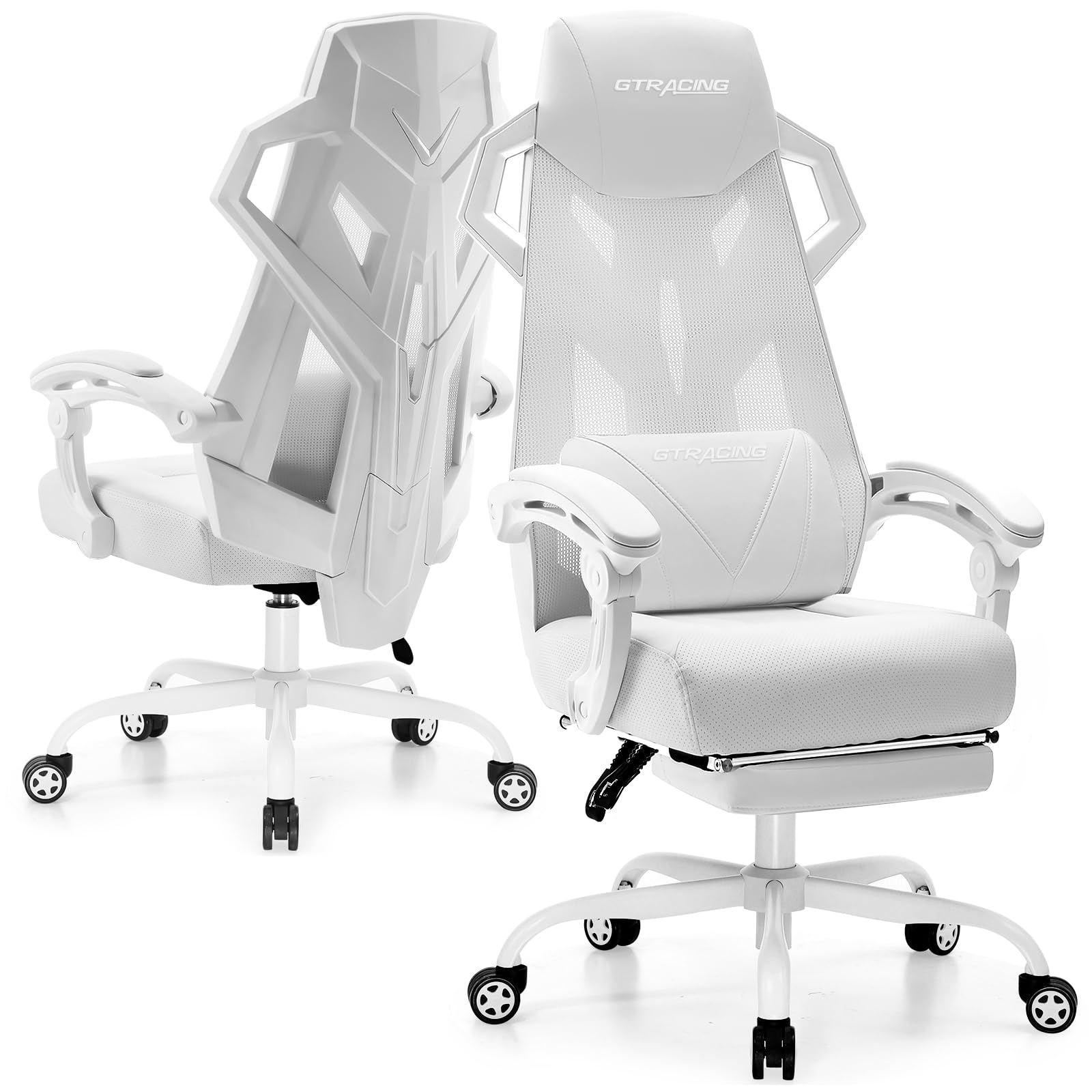GTRACING Ergonomic Gaming Chair with Mesh Back, Adjustable Headrest & Lumbar Support, Reclining Computer Chair with Footrest for Home Office & Esports (White) - Perfect for Long Gaming Sessions & Work from Home Comfort