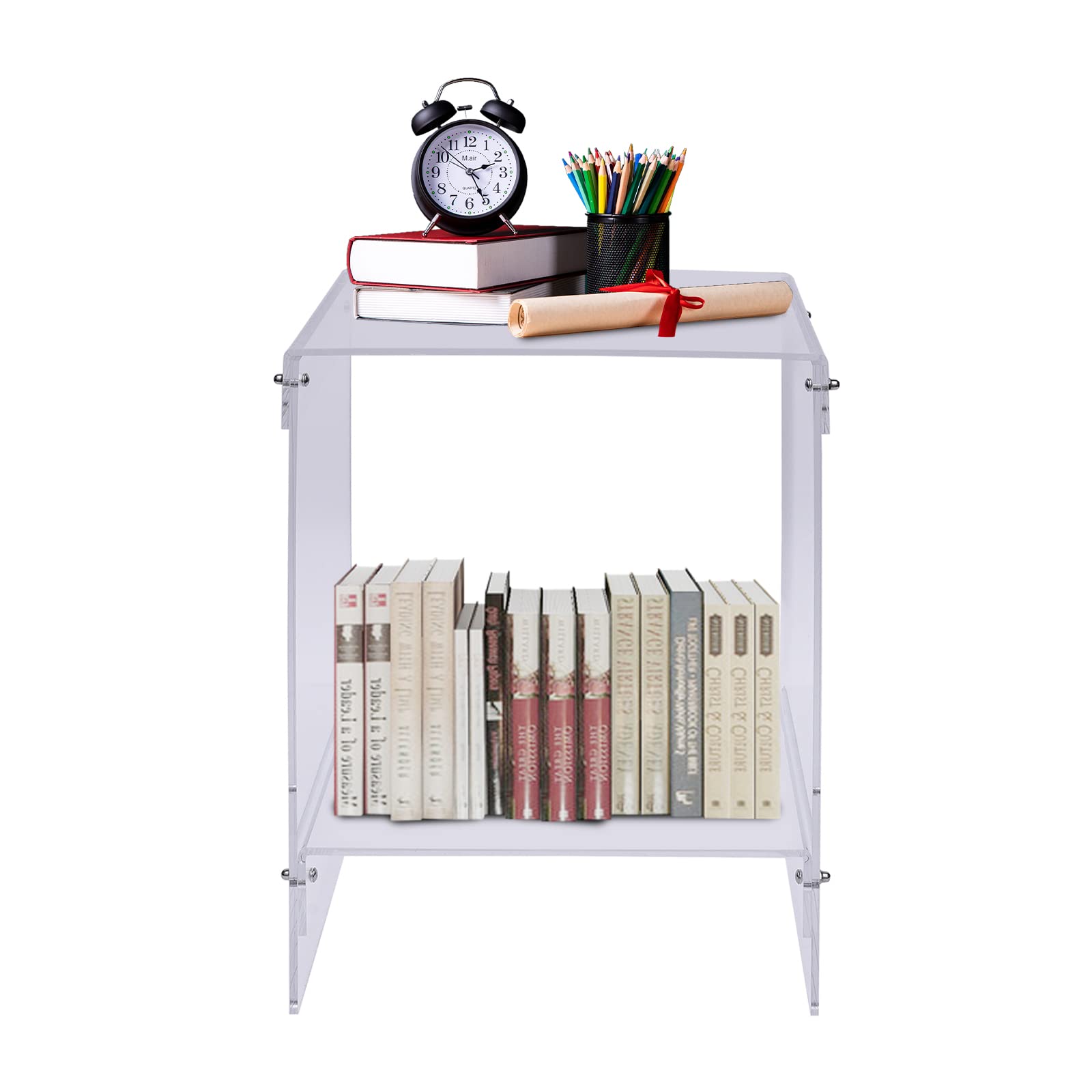 Modern Clear Acrylic Side Table with Additional Shelf - Minimalist End Table/Nightstand for Living Room, Bedroom, Hotel - Home Decor Display for Boutique Shop & Restaurant (Perfect for Small Spaces, Coffee Table Alternative, Bedside Storage)