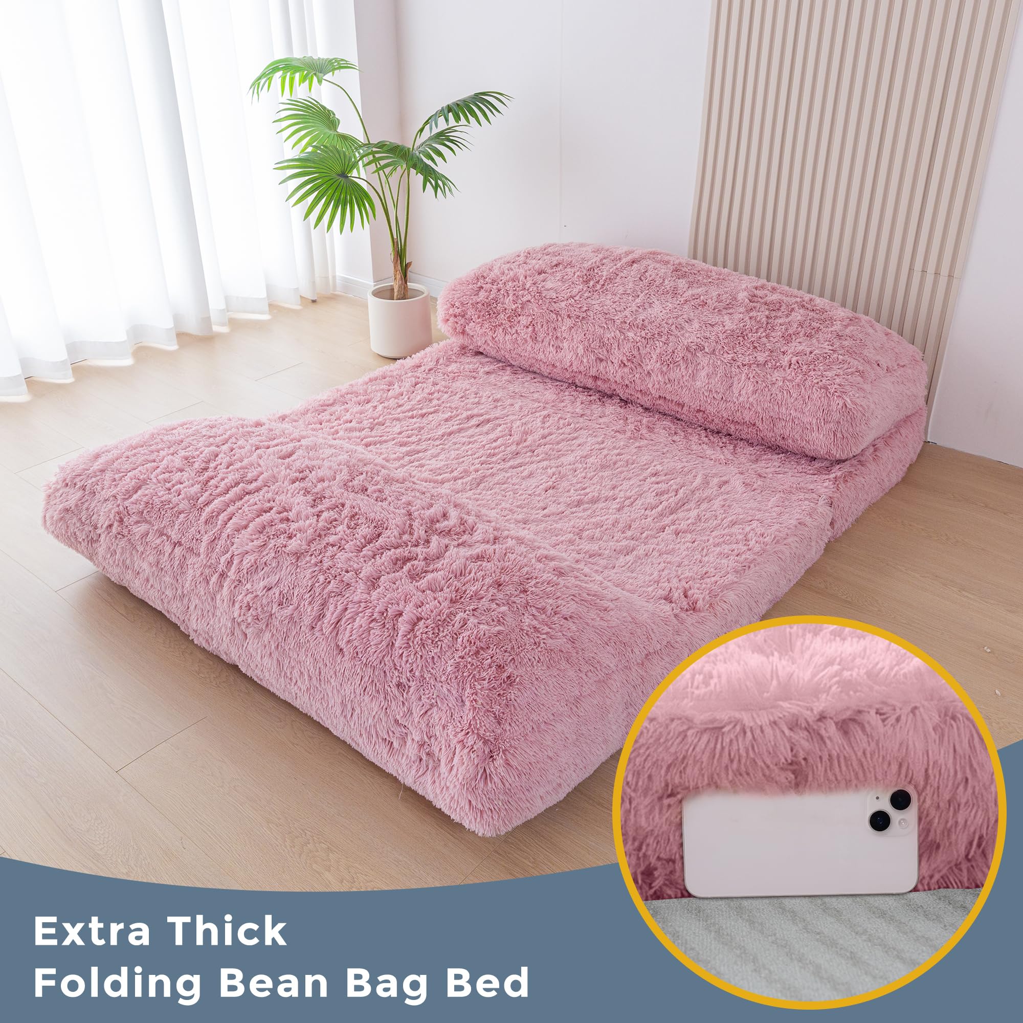 MAXYOYO Faux Fur Bean Bag Chair - Foldable Floor Sofa Bed with Foam Filling, Pink Lounge Chair for Living Room, Bedroom & Dorm | Perfect for Relaxing, Gaming & Sleepovers