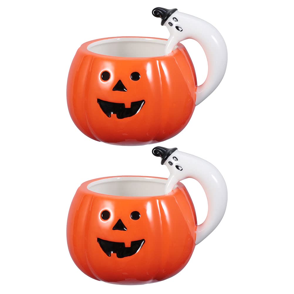 2 Pack Pumpkin Shaped Ceramic Mugs - Halloween Themed Coffee Cups, Milk Cups & Drinking Glasses for Fall Decor, Kitchen Supplies & Seasonal Beverages | Perfect for Pumpkin Spice Lattes, Hot Chocolate & Halloween Parties