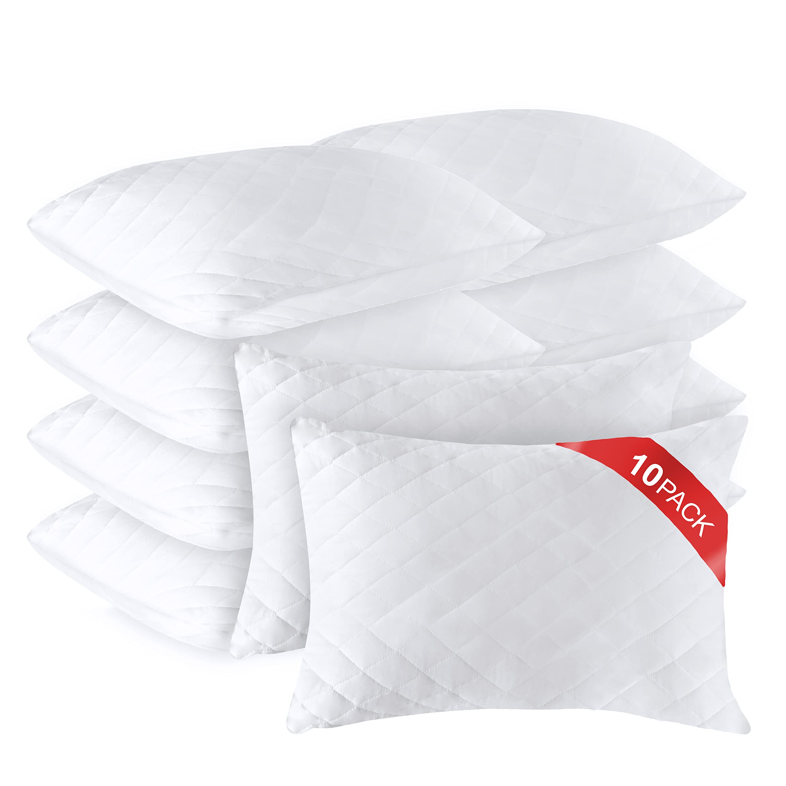 Premium Diamond Elegant Bed Pillows Bulk Set of 10 - Queen Size Hotel Quality Sleeping Pillows for Side, Back & Stomach Sleepers - 100% Cotton Cover with Washable Microfiber Fill - Perfect for Home, Hotel & Guest Room Comfort