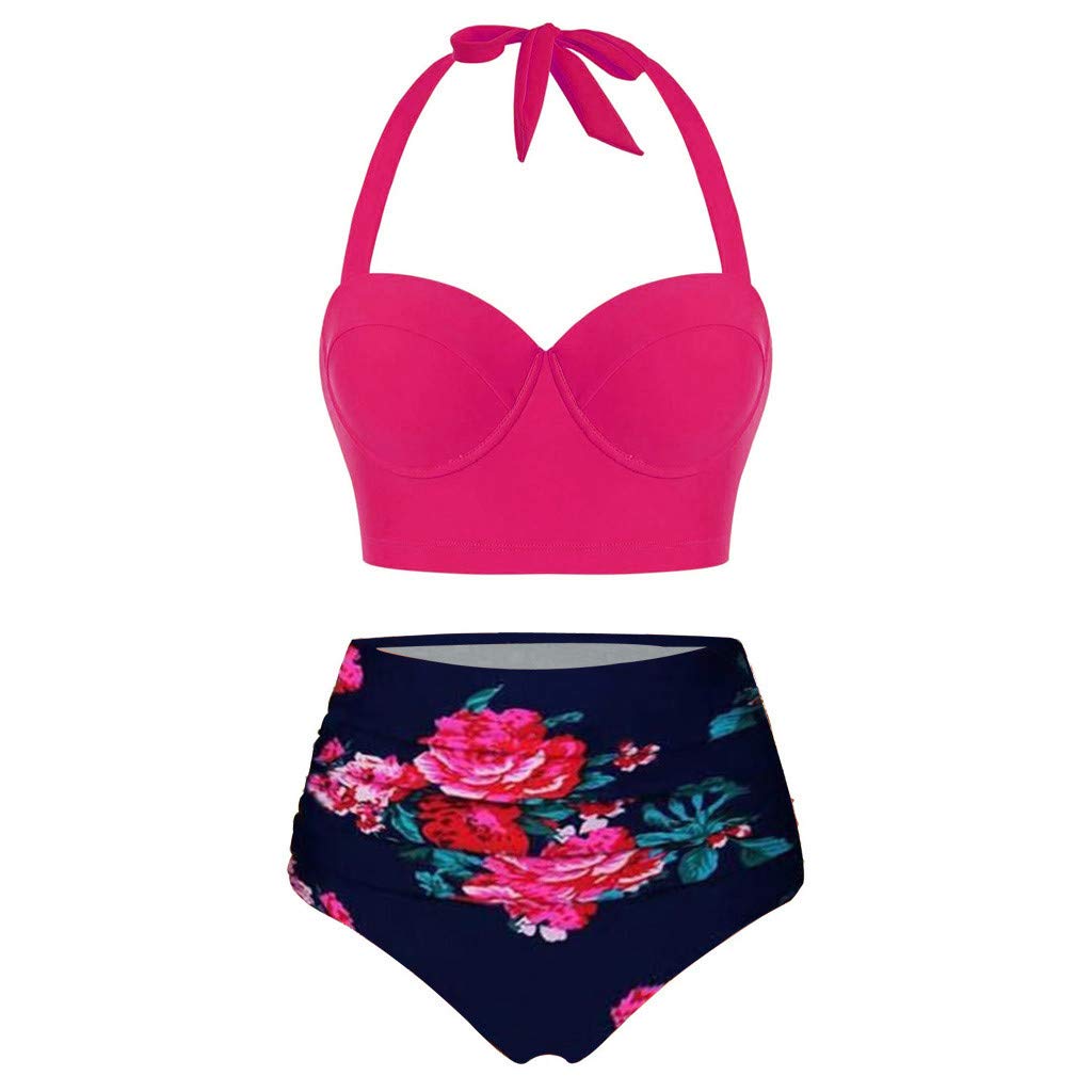 Women's Floral Print High Waist Thong Bikini Set - Halter Tankini Top & Shorts Two Piece Swimwear for Beach, Pool & Summer Vacations