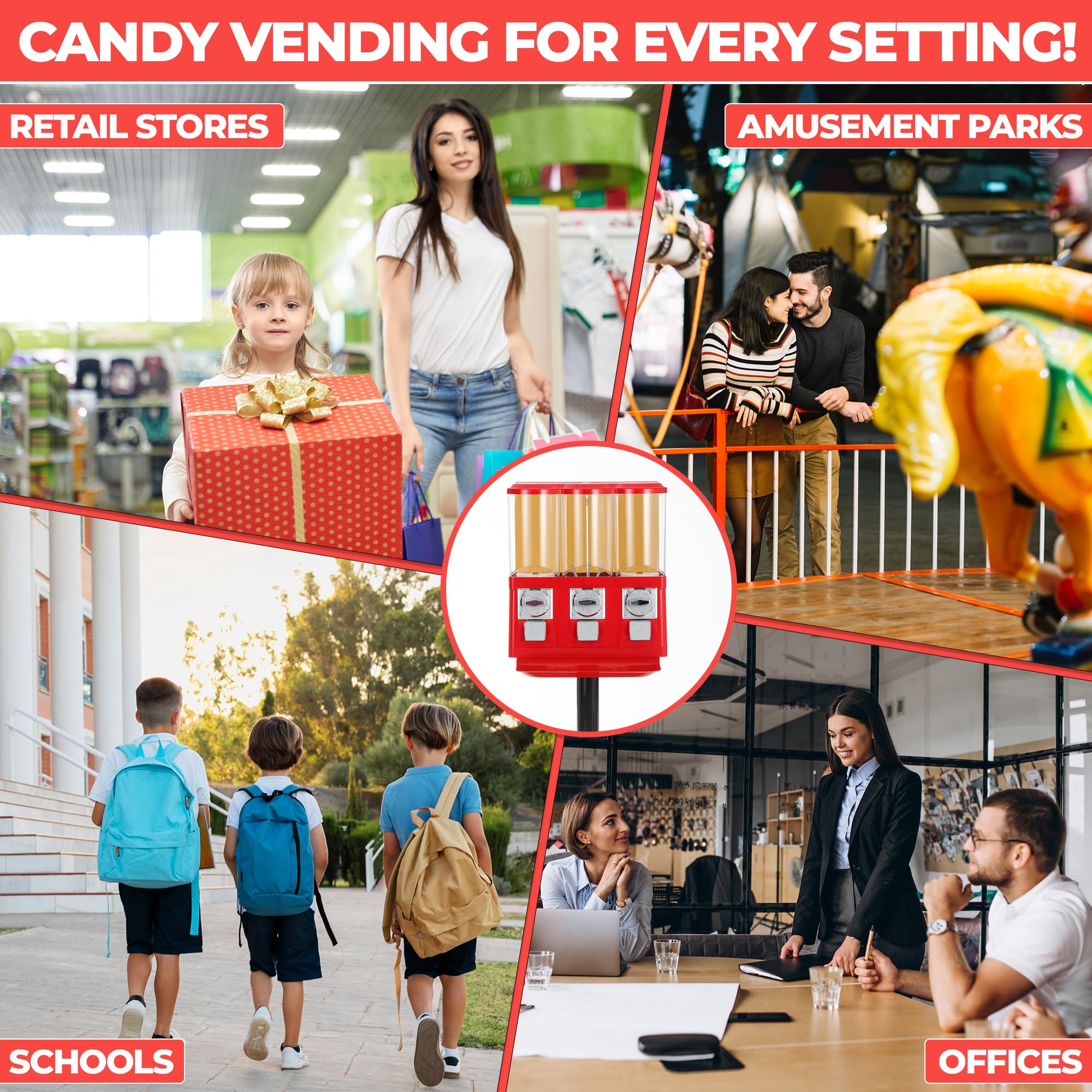 Triple Coin Operated Commercial Gumball Vending Machine with Stand - Accepts Quarters for Candy, Toys & Capsules - Perfect for Business, Schools, Arcades and Home Use (Red)