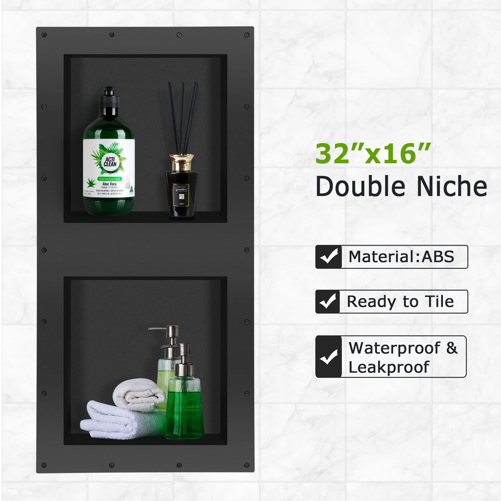 Suteck 32 x 16 Inch Waterproof Double Shelf Shower Niche - Tile Ready Recessed Bathroom Storage Organizer for Shampoo, Soap & Toiletries - Black (Perfect for Modern Bathrooms & Spa-Like Showers)