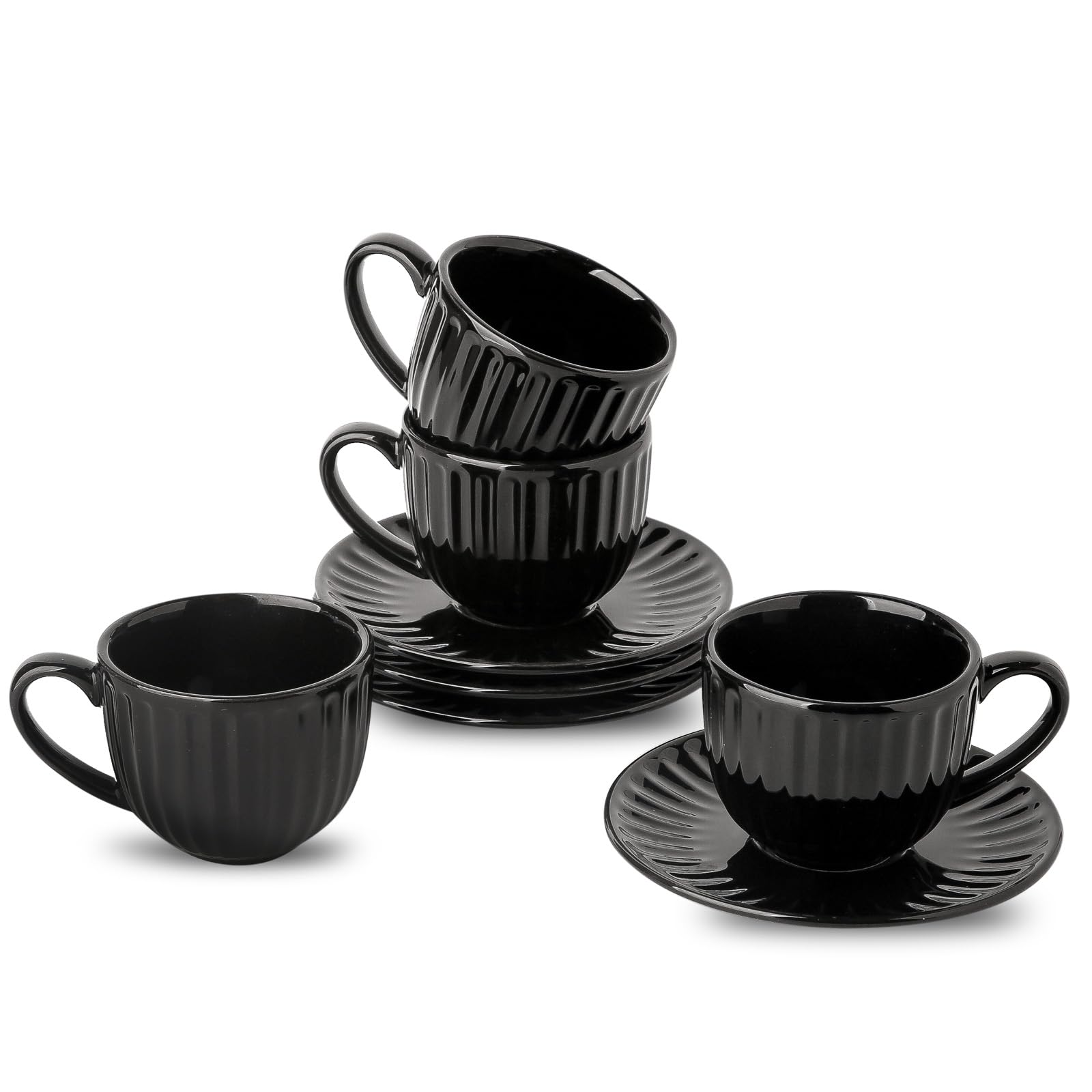 Hasense 4 Oz Espresso Cups with Saucers - Set of 4 Ceramic Coffee Cups for Espresso, Cappuccino, Latte & Macchiato - Double Shot Demitasse Cups - Elegant Black Coffee Gift Set - Perfect for Home, Cafe & Office Use