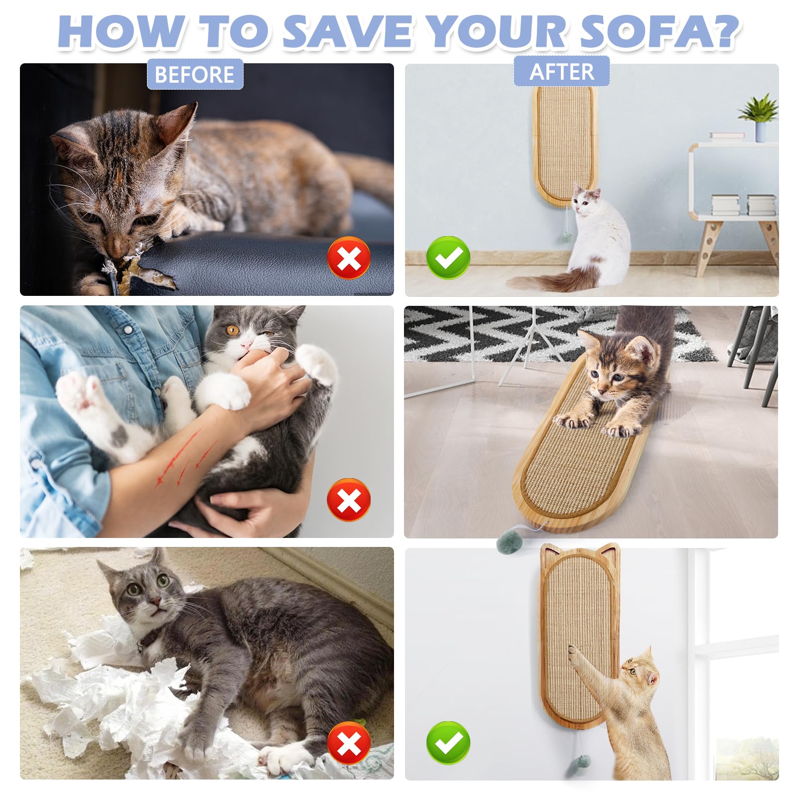 Folding Sisal Cat Wall Scratcher with Toy Ball - Space Saving Cat Furniture for Small Apartments