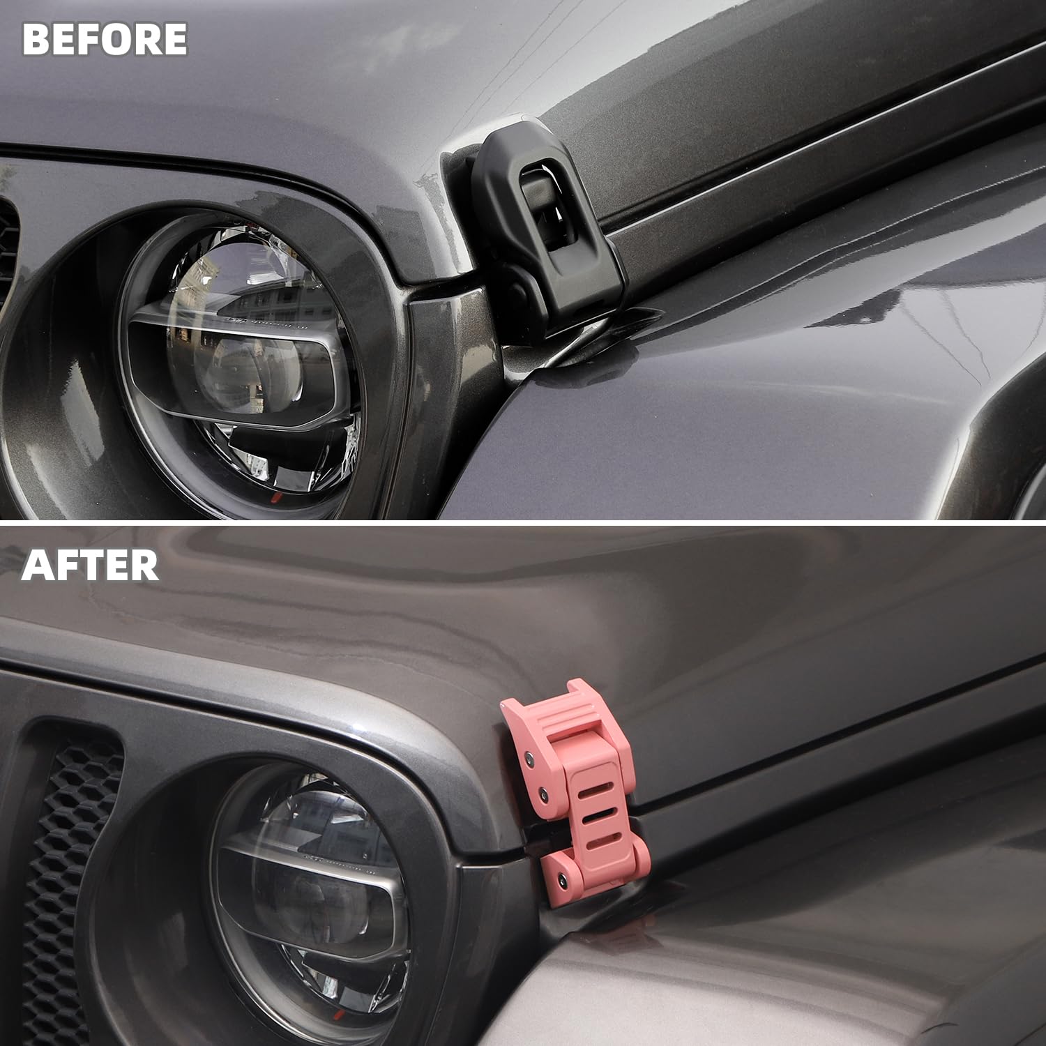 Stainless Steel Hood Latch Kit for 2007-2018 Jeep Wrangler JK/JKU & 2018-2025 JL/JLU/Gladiator JT - Pink Exterior Accessories - Secure Off-Roading & Daily Driving Protection