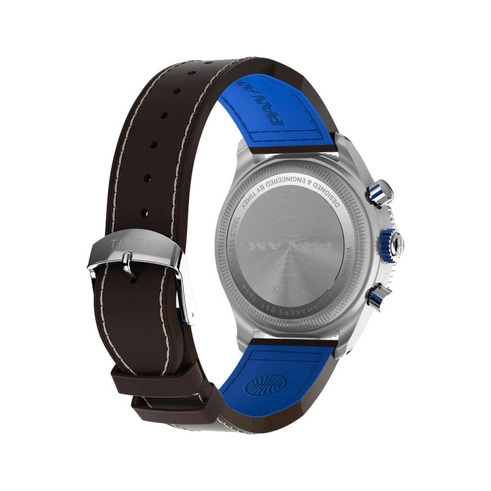 Pan Am® Fly Back Chronograph 43mm Blue Leather Strap Watch - Vintage Pilot Style for Aviation Enthusiasts & Collectors