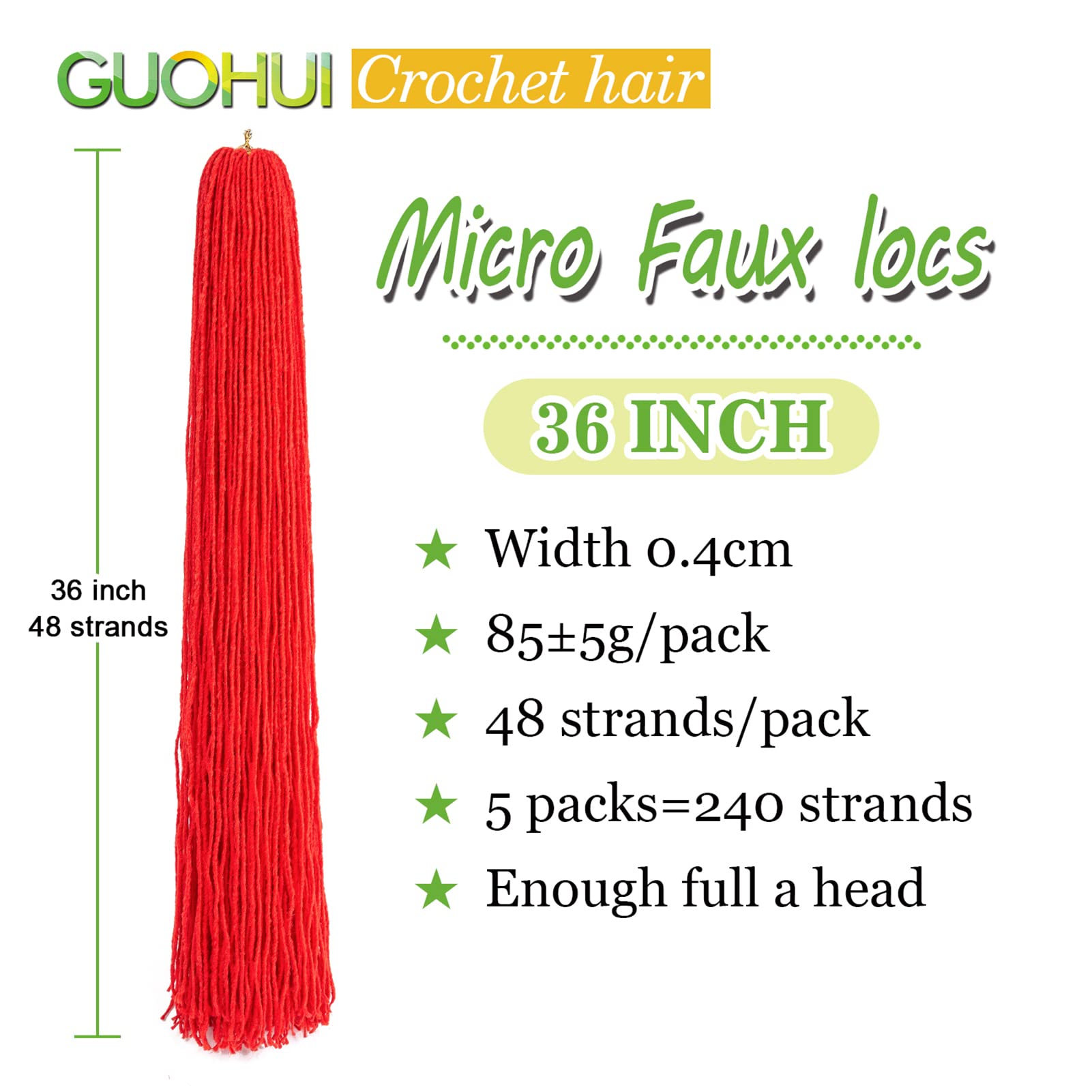 GUOHUI 36 Inch Micro Faux Locs Crochet Hair - 5 Pack Rose Red Synthetic Braiding Hair for DIY Straight Styles | Perfect for Protective Hairstyles, Box Braids & Natural Hair Extensions