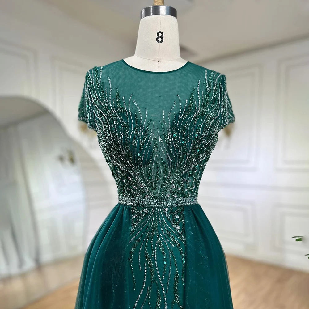 Elegant Green Mermaid Evening Gown with Beaded Overskirt - Luxury Dubai Style Wedding Dress for Women | Perfect for Formal Parties, Red Carpet Events & Special Occasions 2025 LA72241