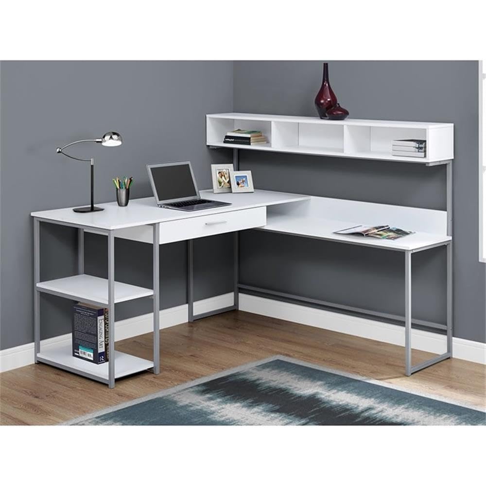 Pemberly Row L-Shaped Computer Desk - White & Silver Finish for Home Office, Gaming & Workspace